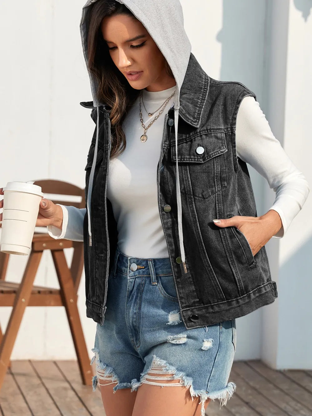 Pocketed Button Up Hooded Denim Jacket in Black, view 4
