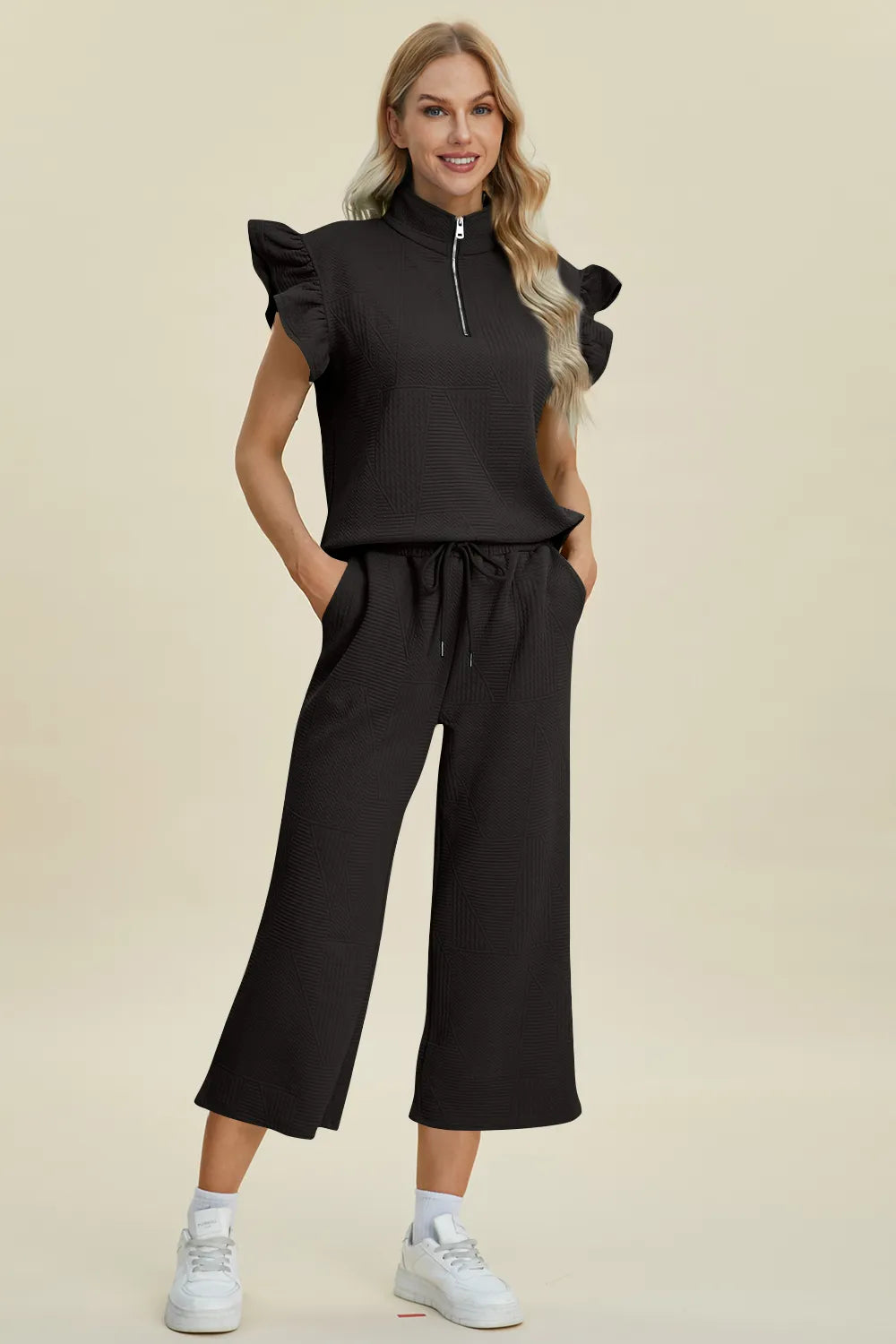 Double Take Full Size Texture Ruffle Short Sleeve Top and Wide Leg Pants Set in Black
