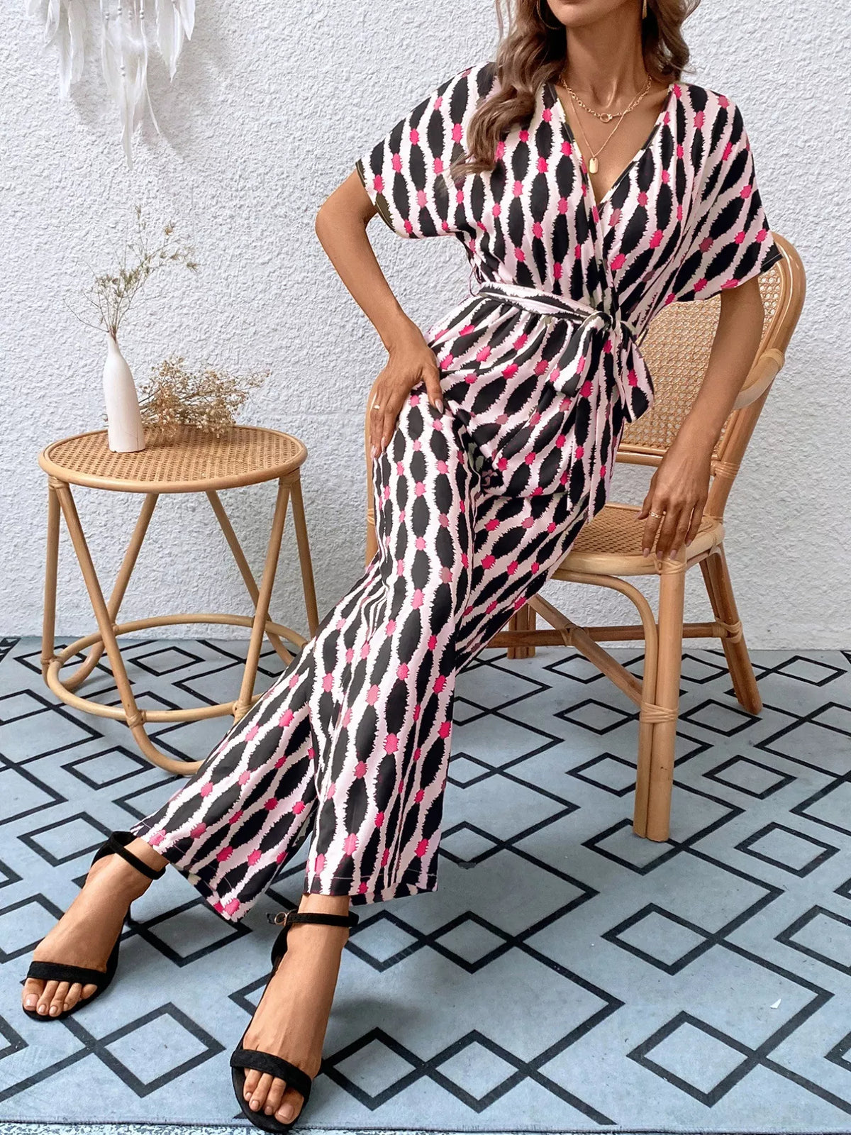 Printed Surplice Tie Waist Short Sleeve Jumpsuit - Lilixa.store