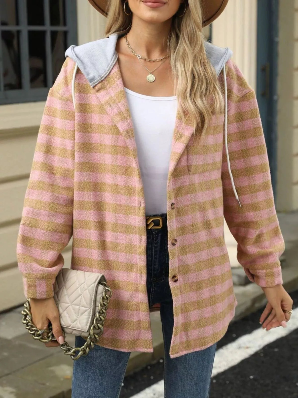 Plaid Button Up Long Sleeve Drawstring Hooded Jacket in Pink