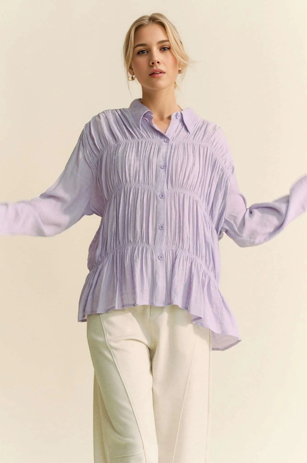 Davi & Dani Ruched All Over Button Front Shirt - Lilixa.store