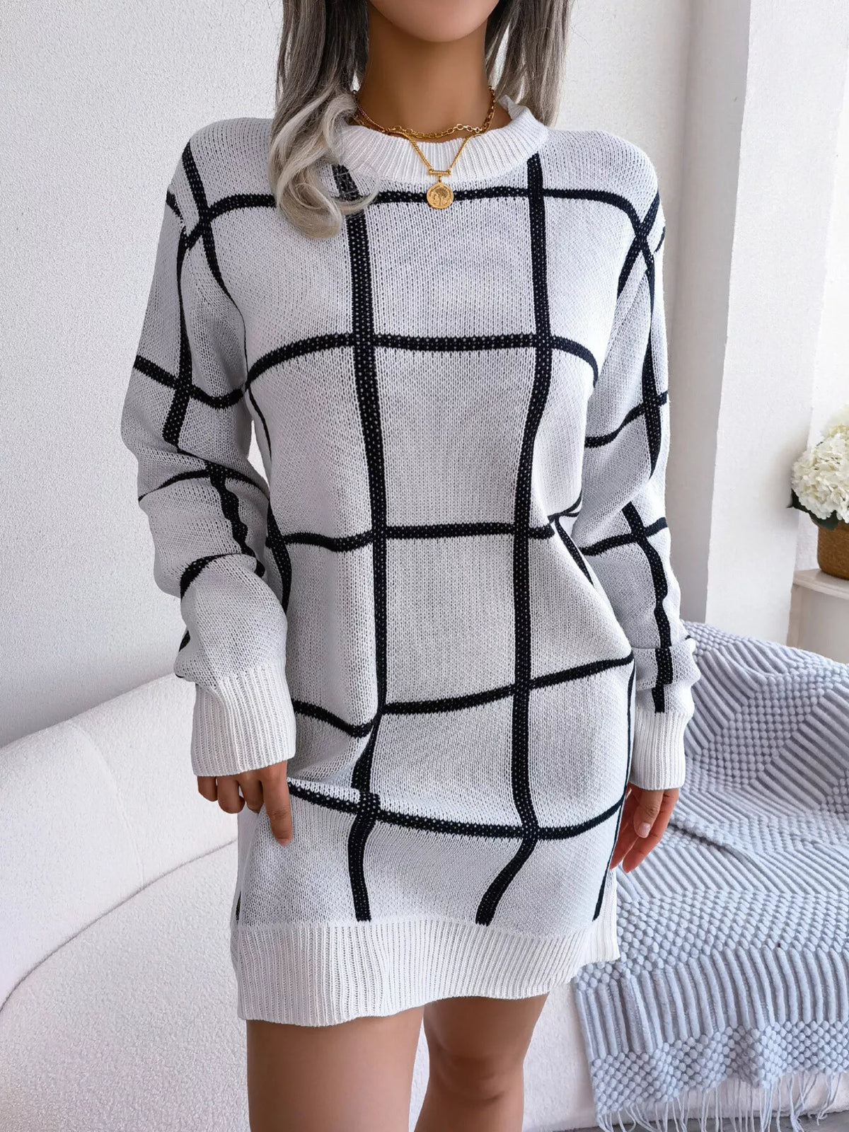 Plaid Pattern Long Sleeve Sweater Dress, view 16