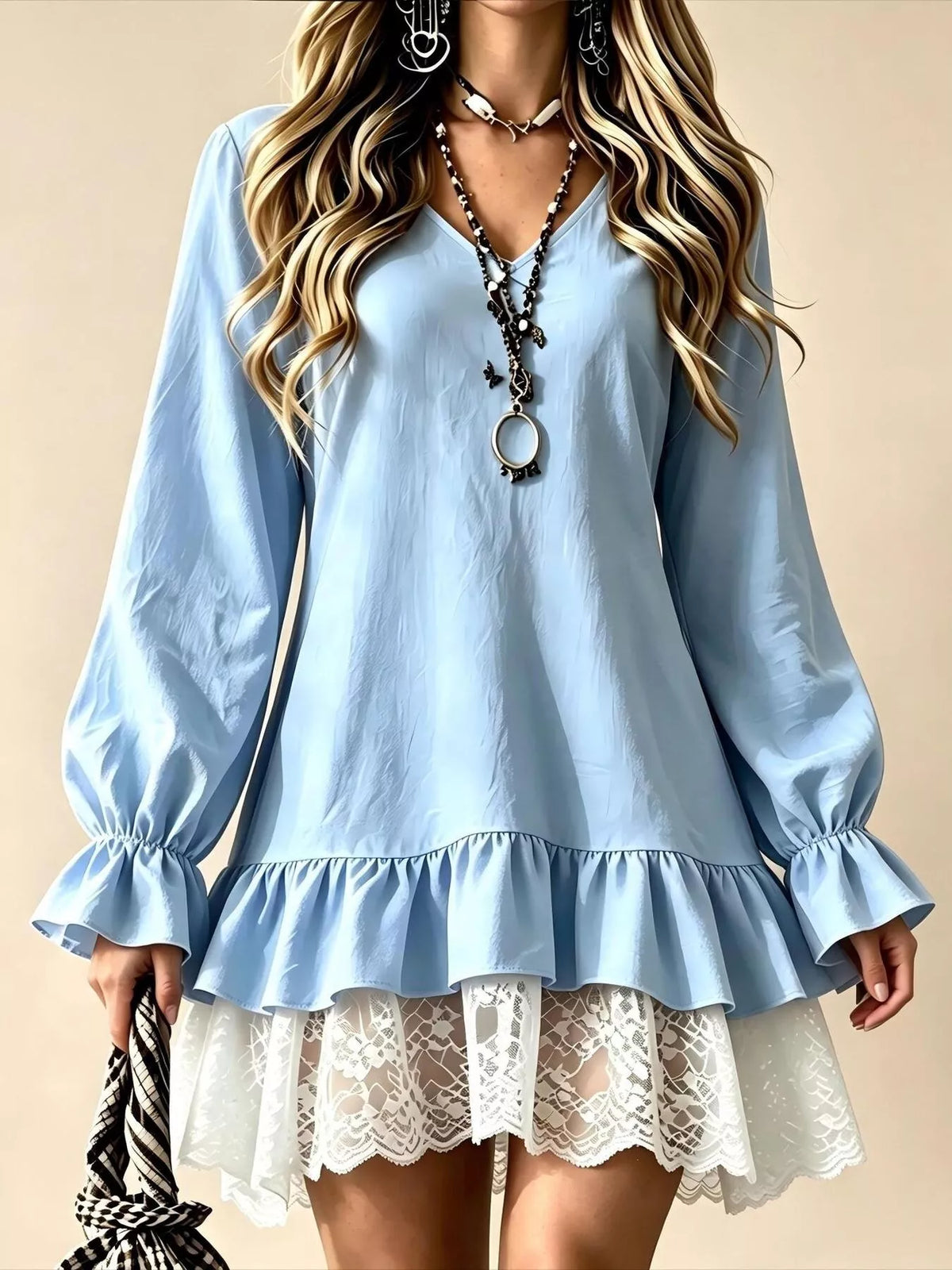 V-Neck Long Sleeve Ruffle Hem Lace Trim Mini Dress in Sky Blue