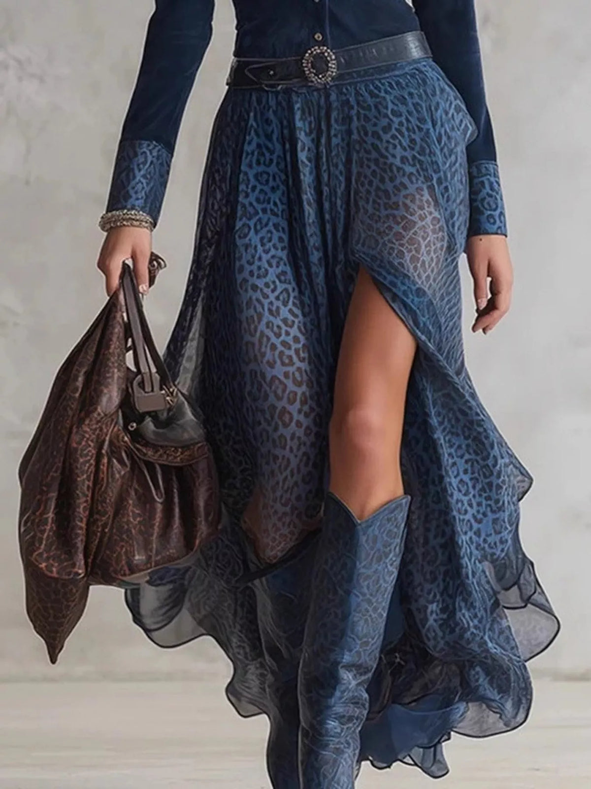 Leopard Button Front Long Sleeve Maxi Dress - Lilixa.store