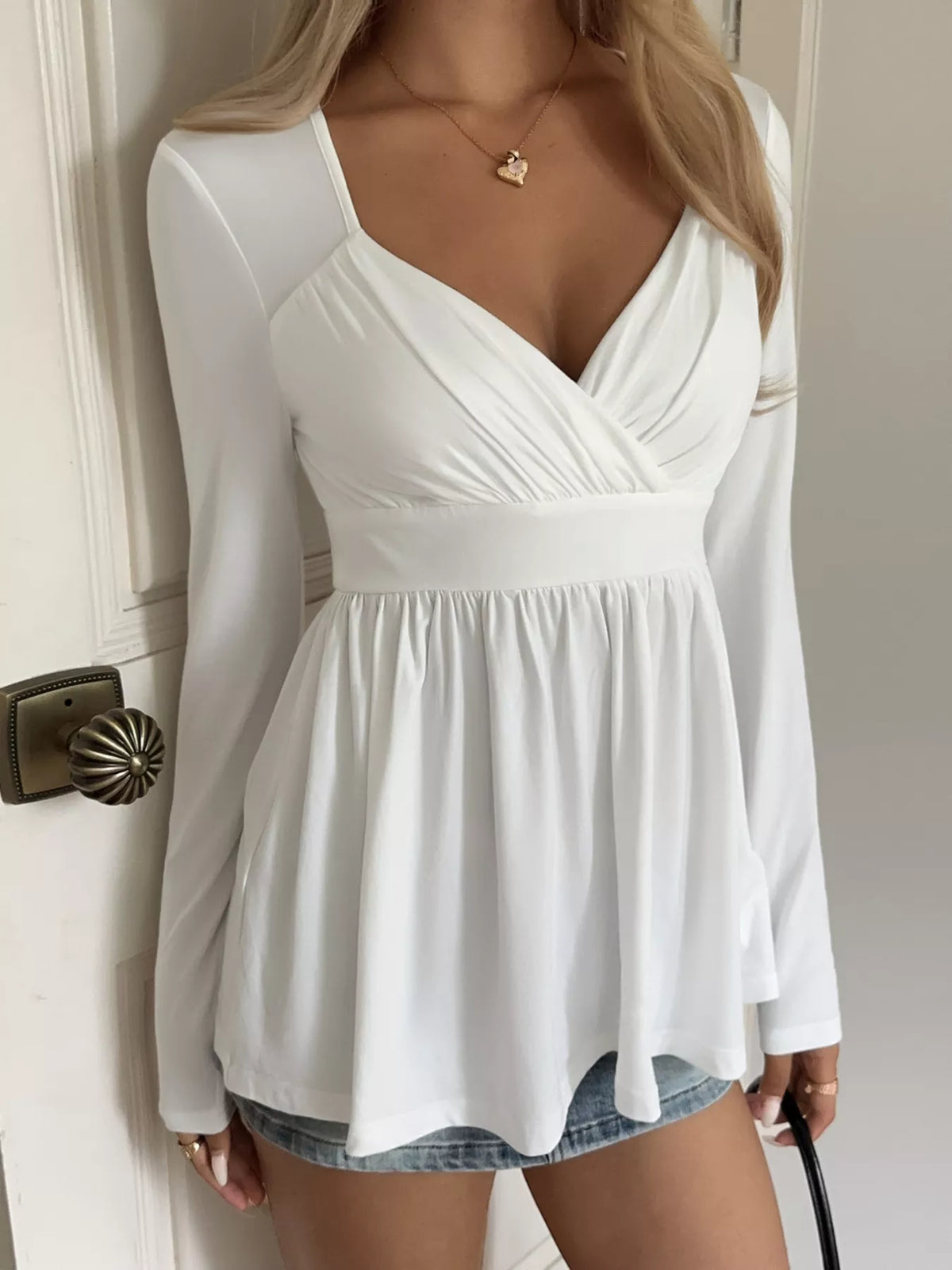 Surplice Peplum Long Sleeve Top - Lilixa.store