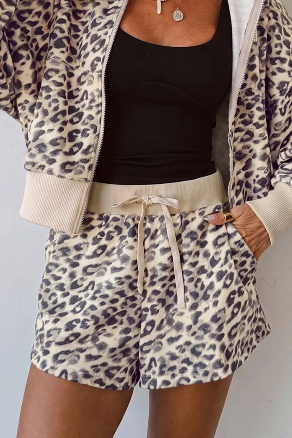 Leopard Print Zip-Up Hoodie and Shorts Set in Khaki, view 3
