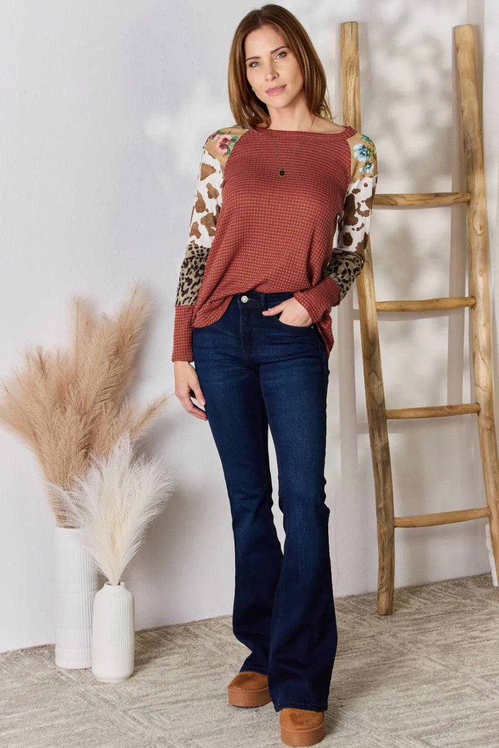 Hailey & Co Full Size Leopard Waffle-Knit Blouse - Lilixa.store