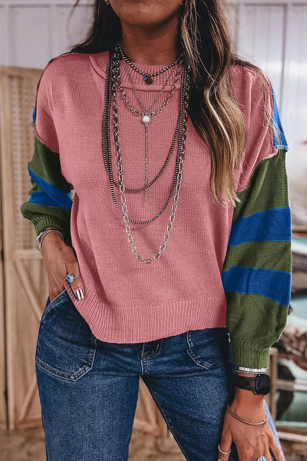 Multicolour Western Colorblock Patchwork Striped Long Sleeve Sweater - Lilixa.store