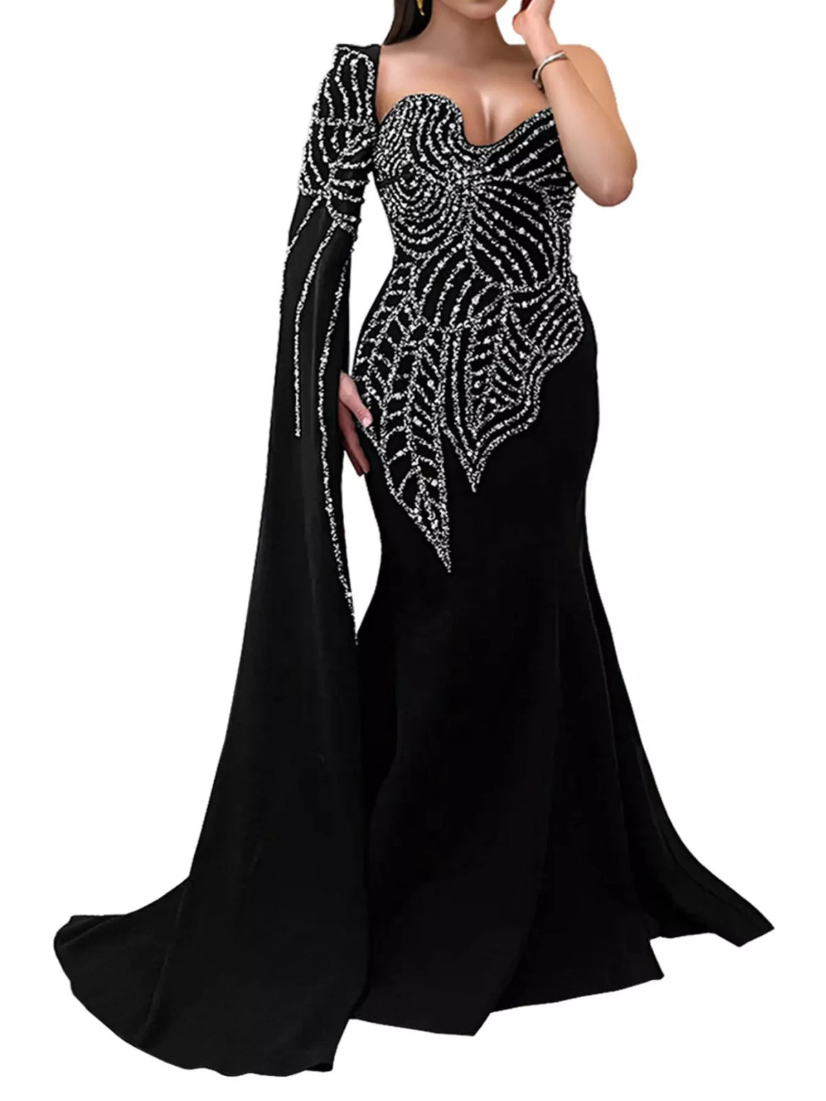 Rhinestone Pearl Detail One-Shoulder Mermaid Maxi Dress - Lilixa.store