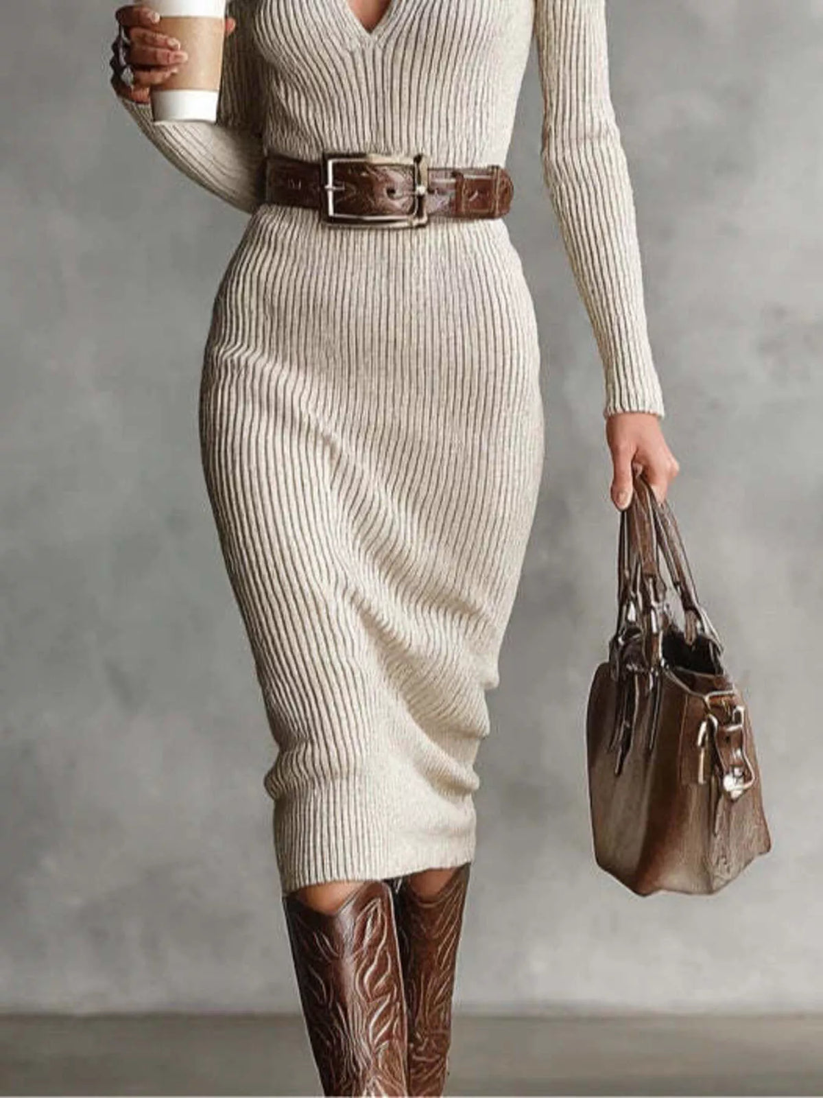 Ribbed Knit V-Neck Sweater Dress, view 8