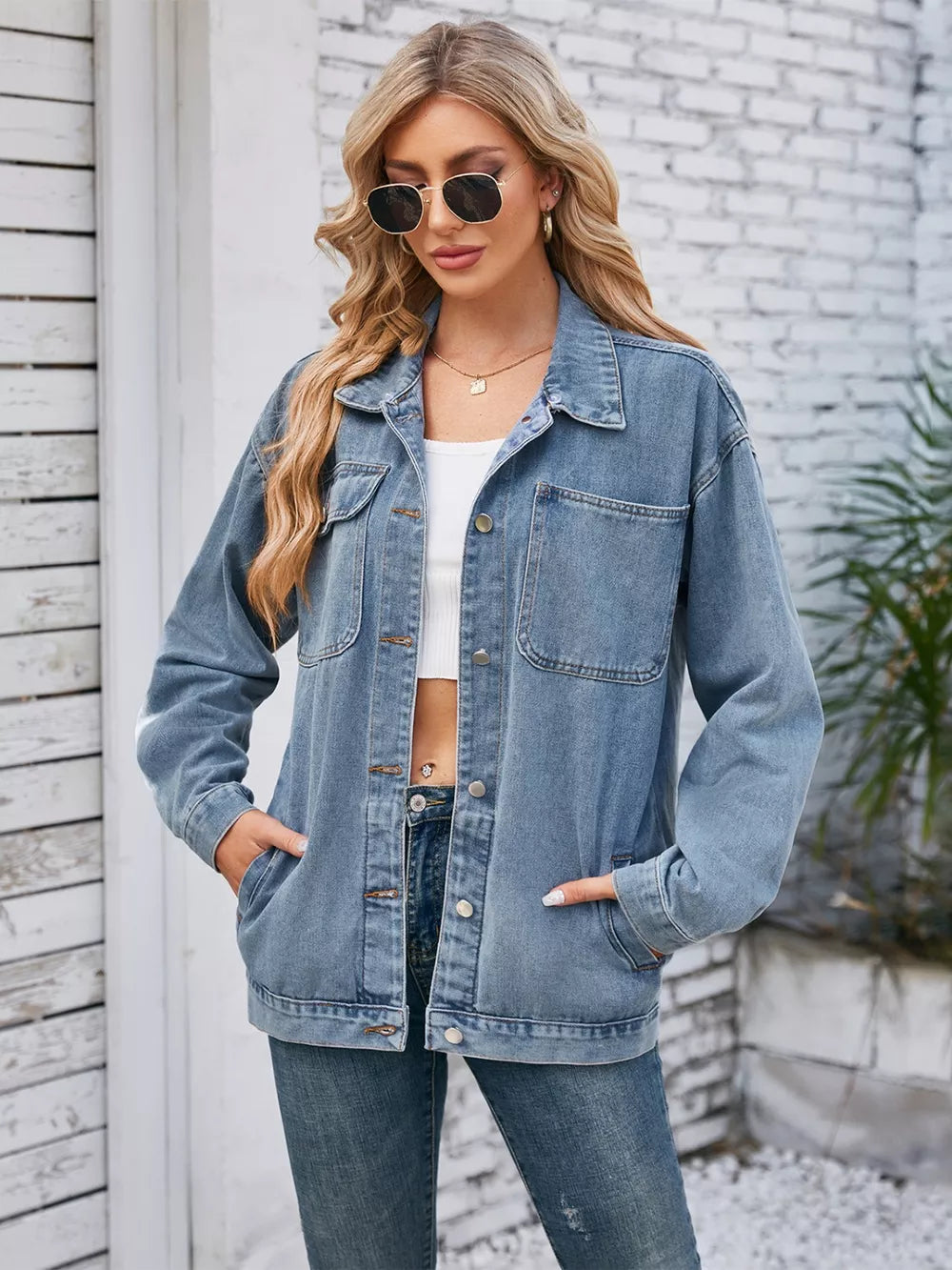Pocketd Button Up Detachable Hooded Denim Jacket in Dusty Blue