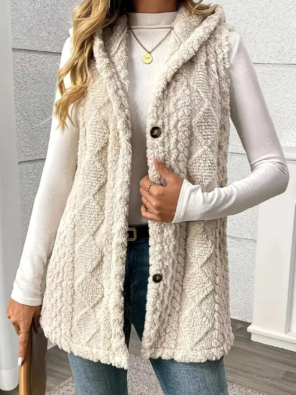 Hooded Button-Up Sherpa Vest Coat - Lilixa.store