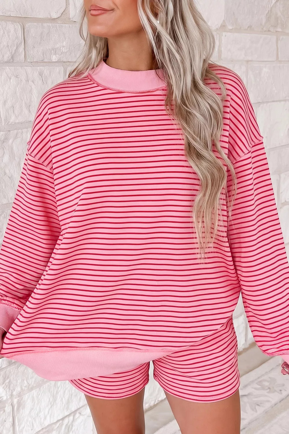 Stripe Ribbed Patchwork Mock Neck Baggy Pullover Matching Shorts Set - Lilixa.store
