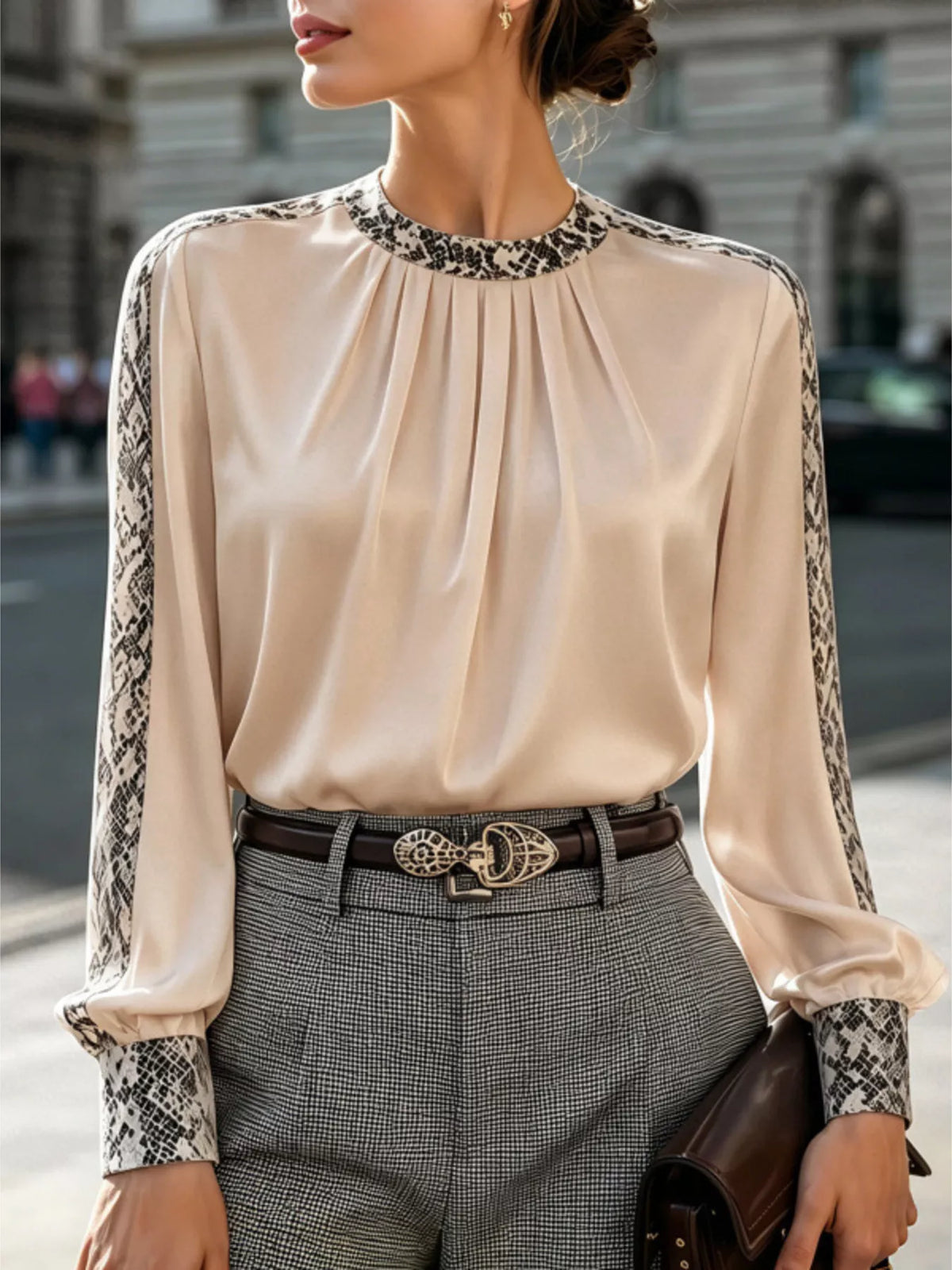 Snake Print Contrast Trim Satin Blouse in Tan
