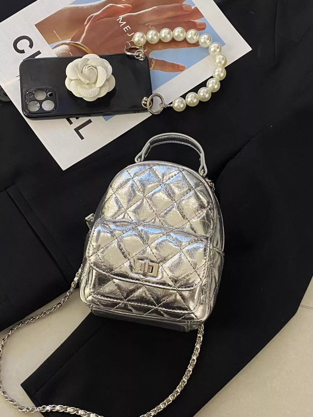 Quilted Metallic and Patent Mini Backpack Bag with Chain Strap in Silver