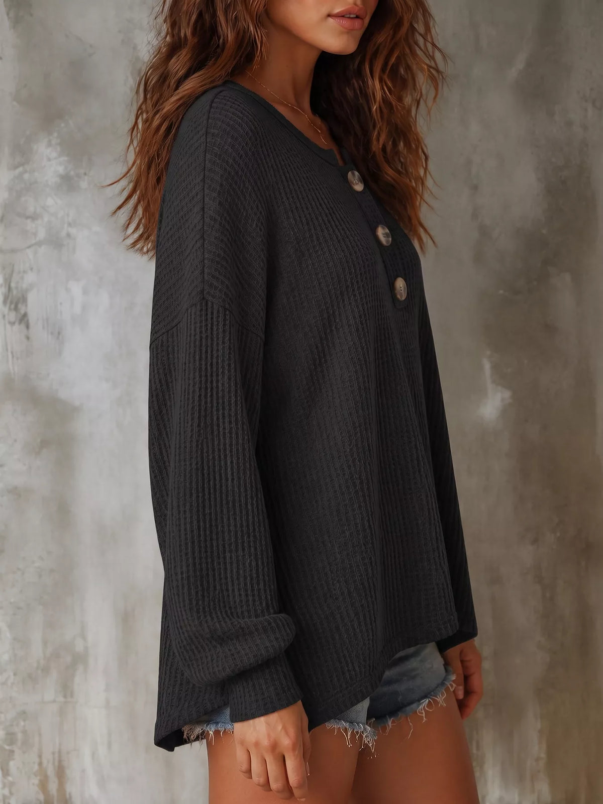 Button Detail Dropped Shoulder Knit Top - Lilixa.store