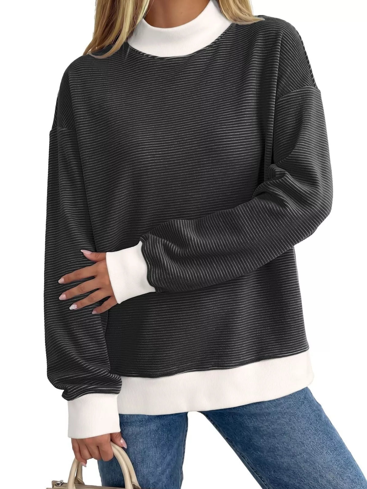 Casual Mock Neck Striped Long Sleeve T-Shirt