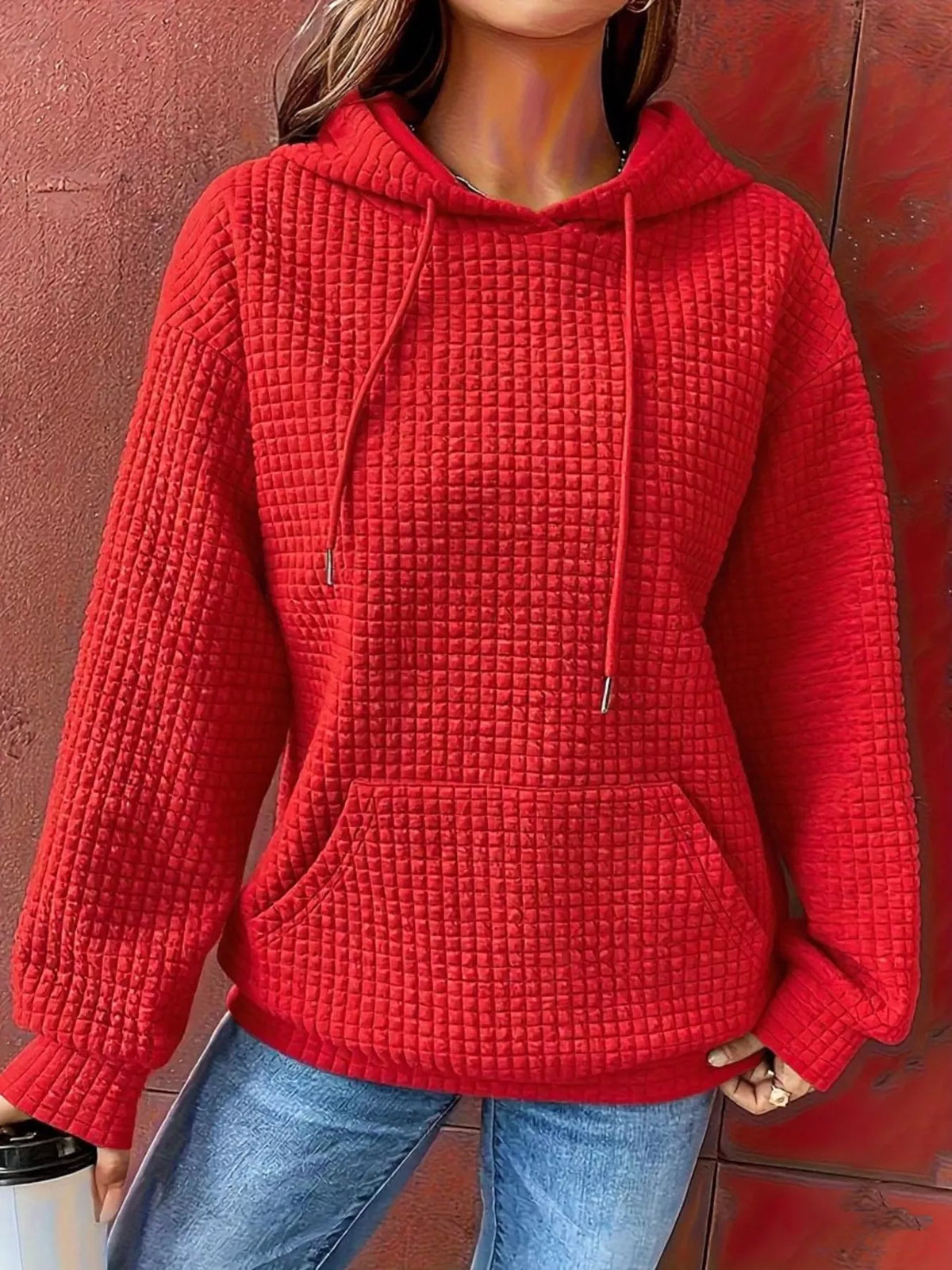 Textured Knit Drawstring Hoodie - Lilixa.store
