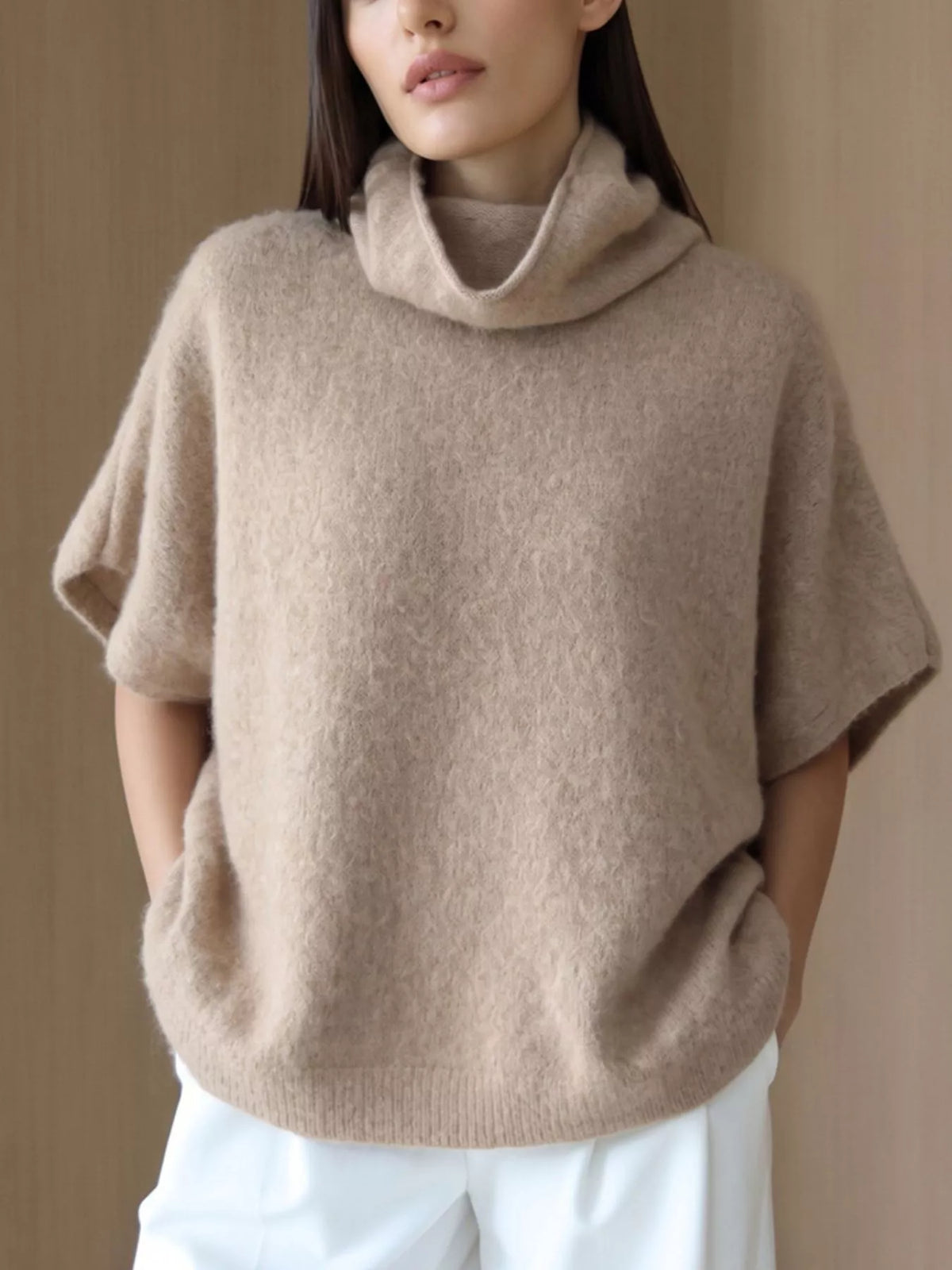 Turtleneck Fuzzy Short Sleeve Sweater in Tan