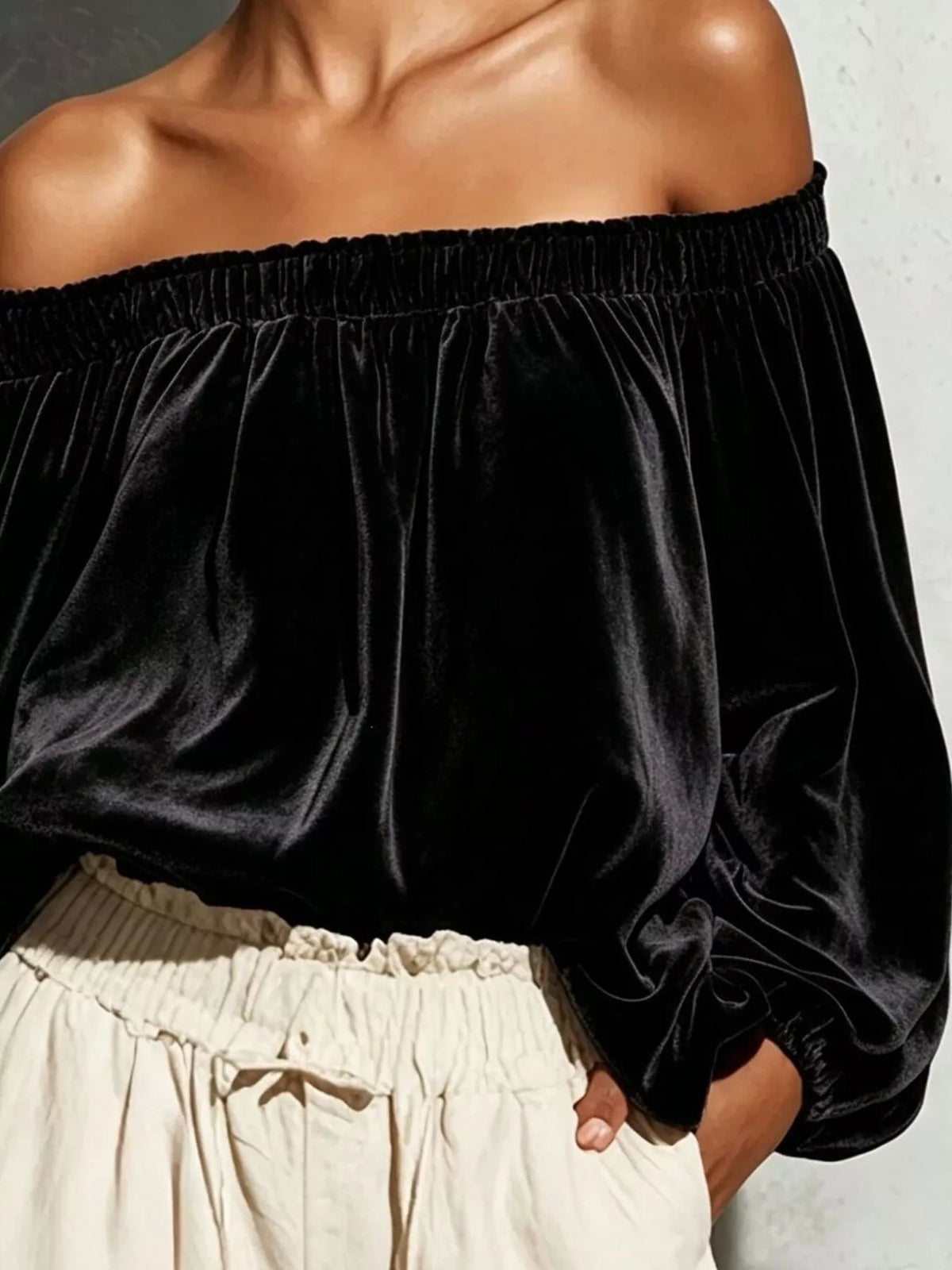 Off-Shoulder Velvet Long Sleeve T-Shirt - Lilixa.store