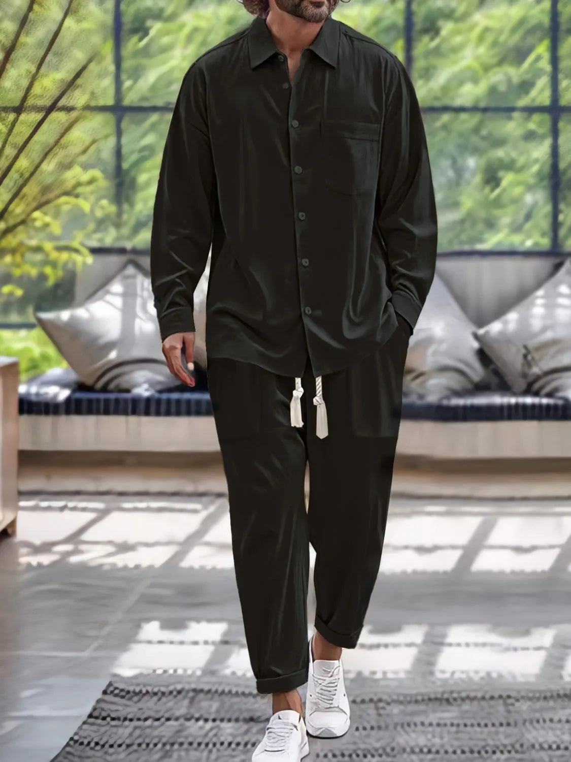 Men's Button Down Long Sleeve Shirt and Pants Set in Black