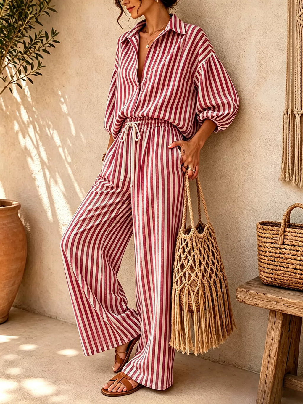Striped Collared Shirt and Wide-Leg Drawstring Pants Set - Lilixa.store
