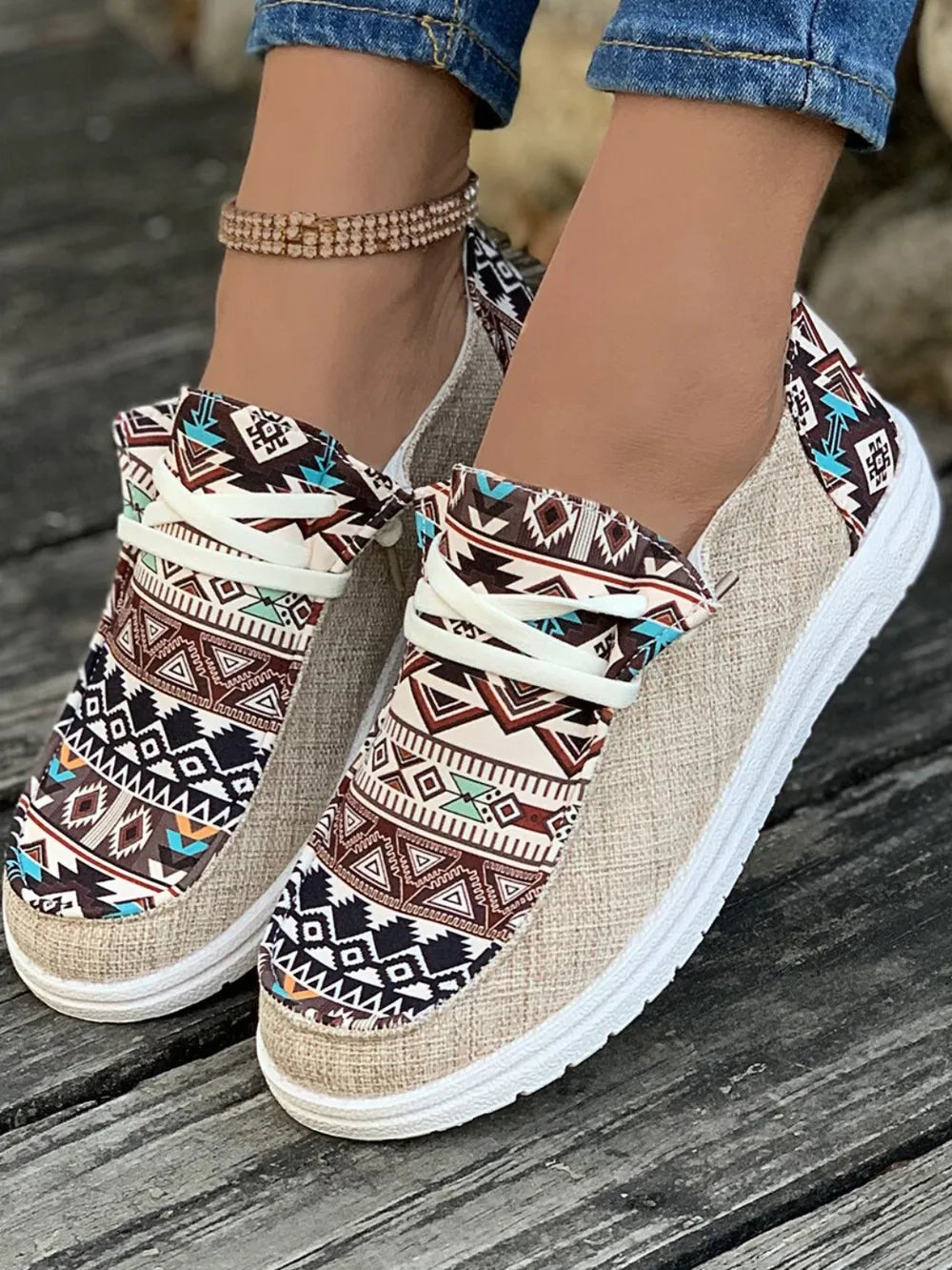 Geometric Lace-Up Round Toe Slip-Ons, view 4