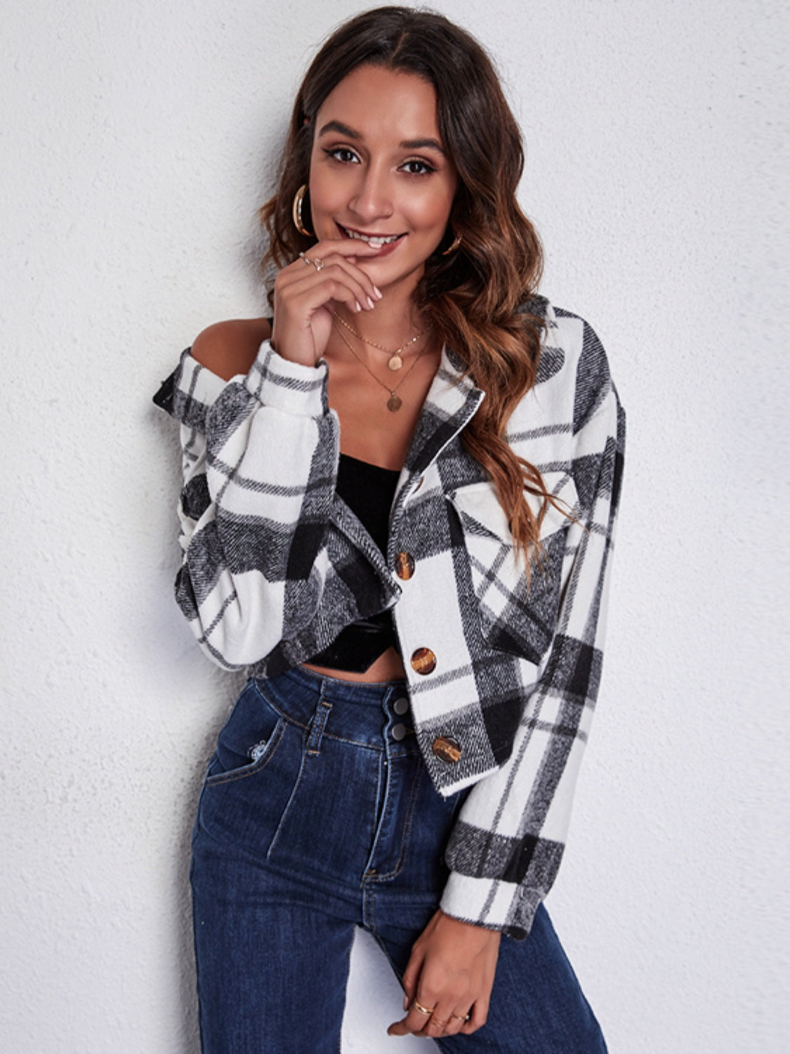 Plaid Button Front Jacket with Pockets, view 3