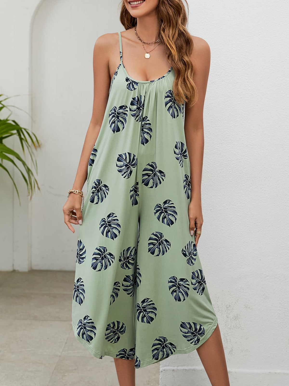 Botanical Print Spaghetti Strap Scoop Neck Jumpsuit - Lilixa.store