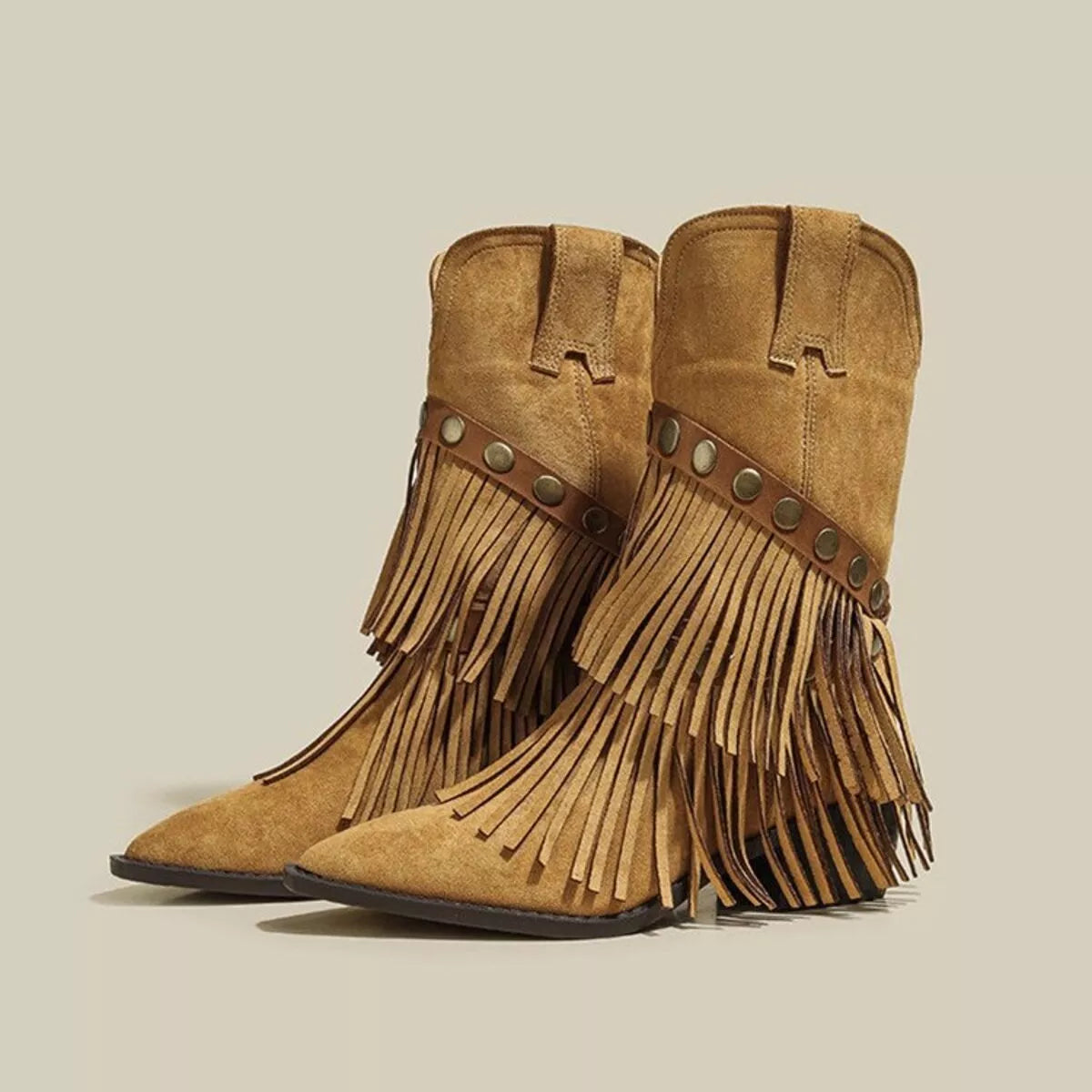Vintage Suede Western Fringe Boots with Studded Straps in Khaki