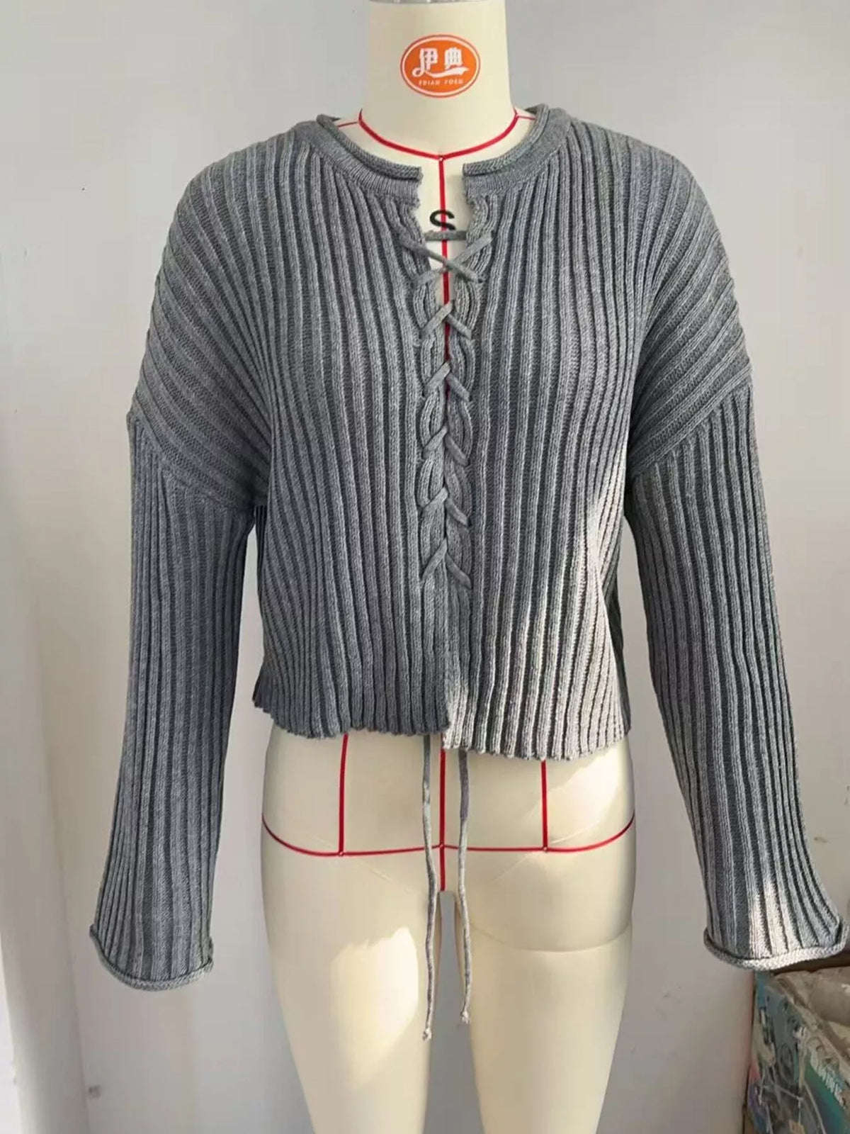 Ribbed Lace-Up Crop Sweater, view 6