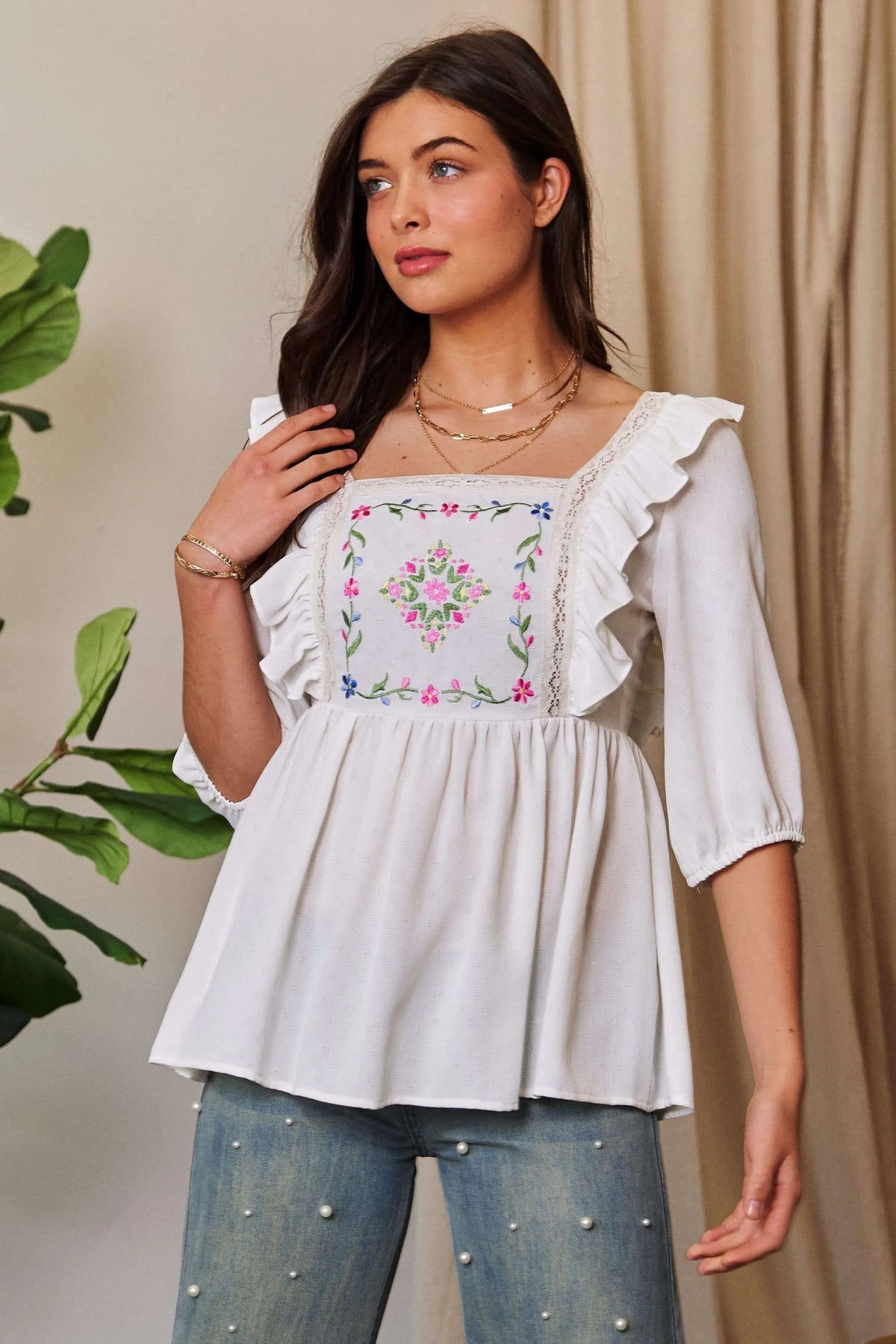 Davi & Dani Texture Tie Back Floral Embroidery Frill Blouse - Lilixa.store