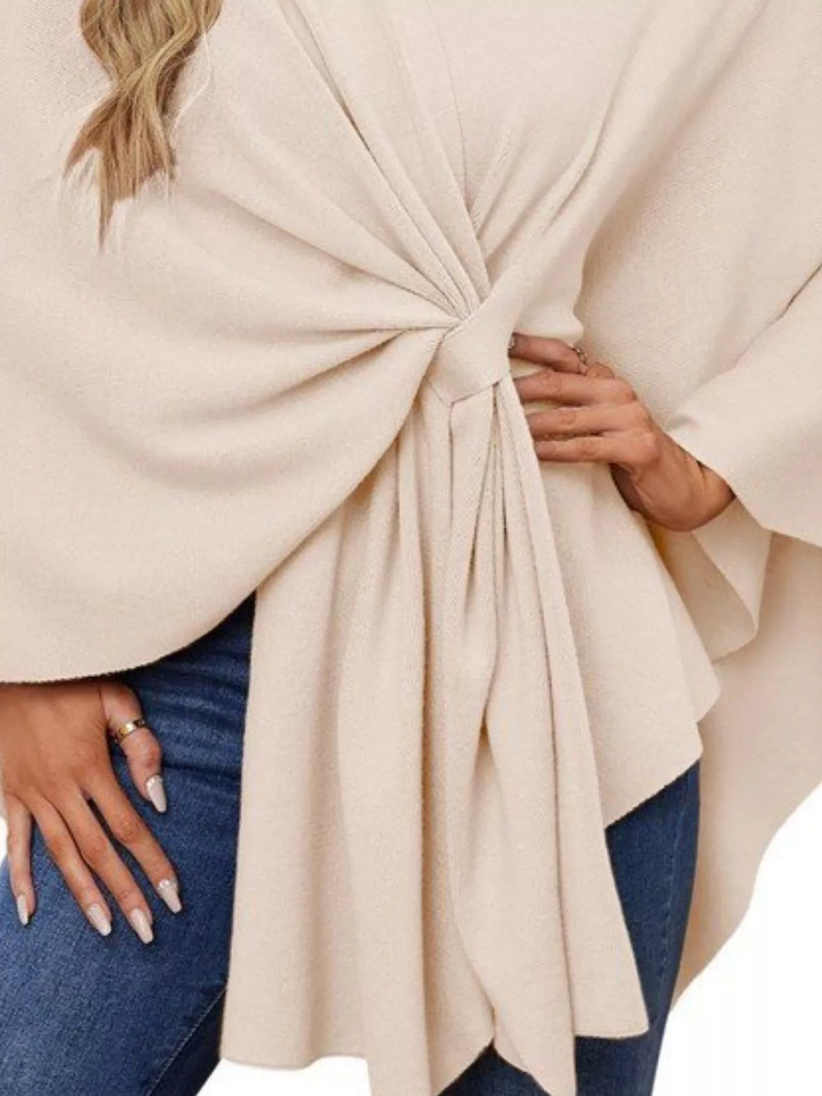 Solid Color Tie-Front Knit Cape Top, view 2