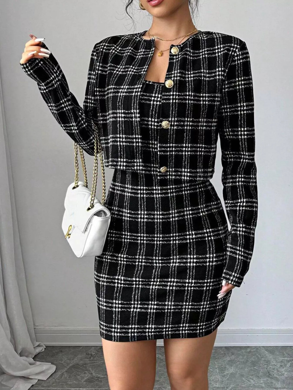 Plaid Tweed Crop Outerwear and Bodycon Mini Dress Two-Piece Set - Lilixa.store