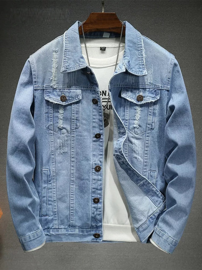 Men's Plus Size Distressed Slim Fit Denim Jacket in Light Blue