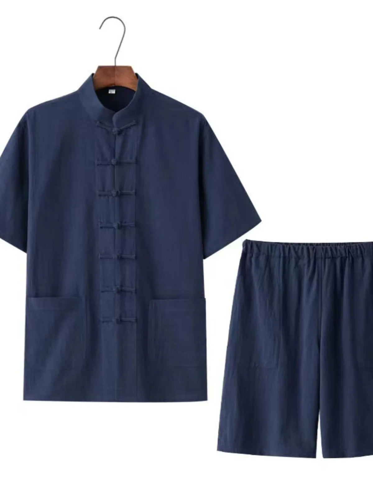 Men's Plus Size Chinese Style Top and Shorts Set in Navy