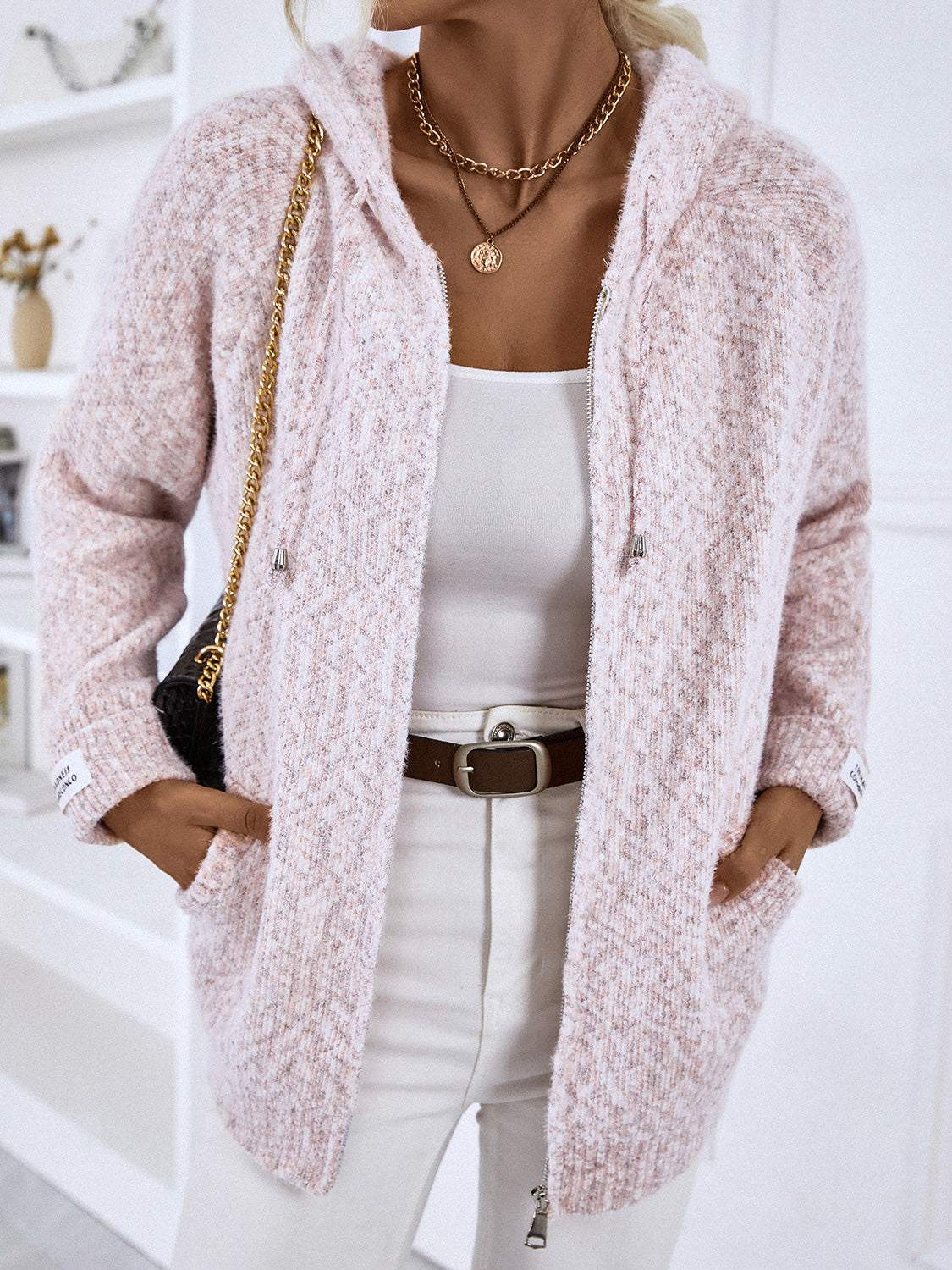 Zip-Up Hooded Sweater in Dusty Pink