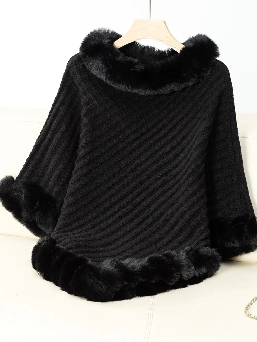 Fuzzy Trim Texture Three-Quarter Sleeve Poncho - Lilixa.store