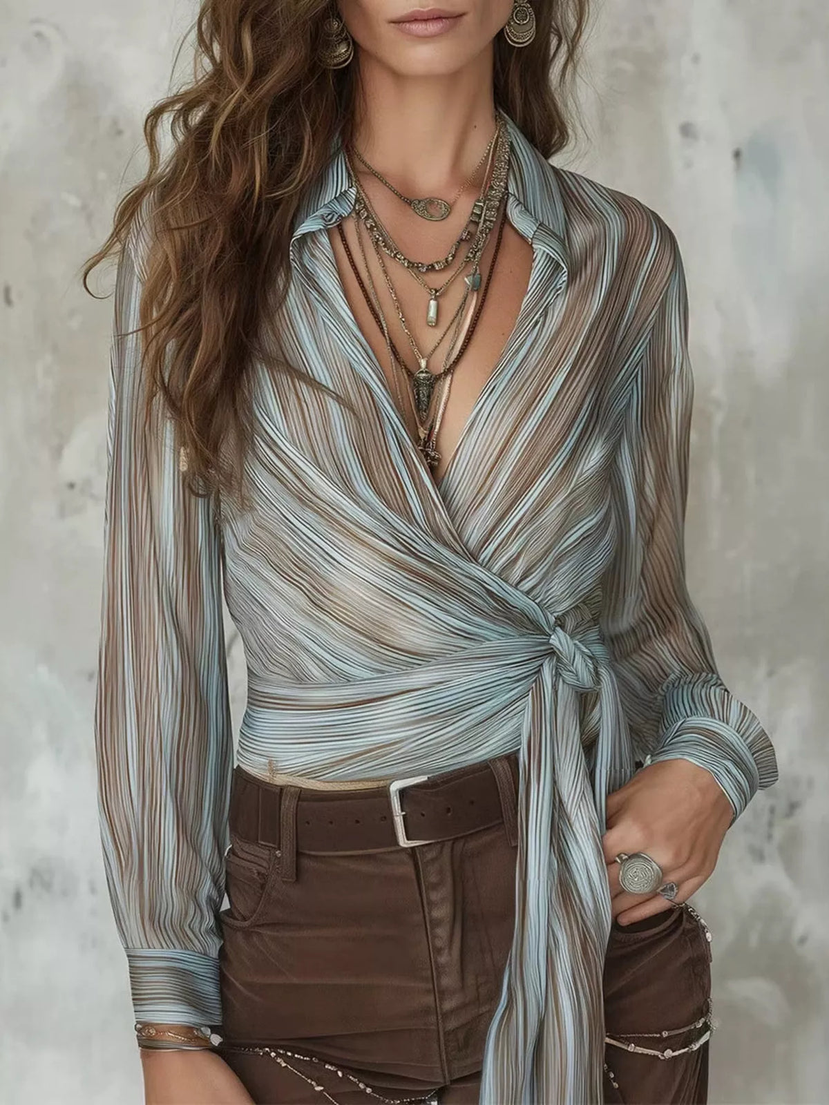 Striped Wrap Shirt with Tie-Front Detail - Lilixa.store
