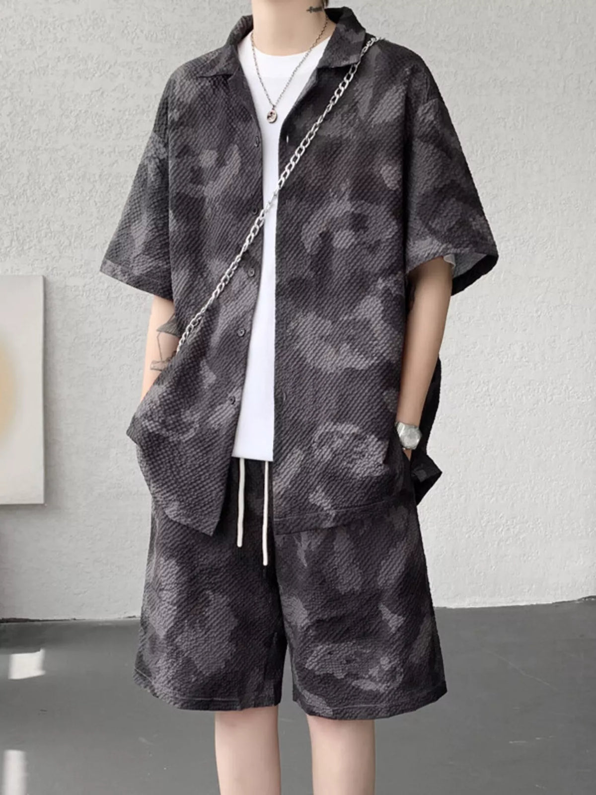 Men's Plus Size Casual Camouflage Print Shirt & Shorts Set in Dark Gray