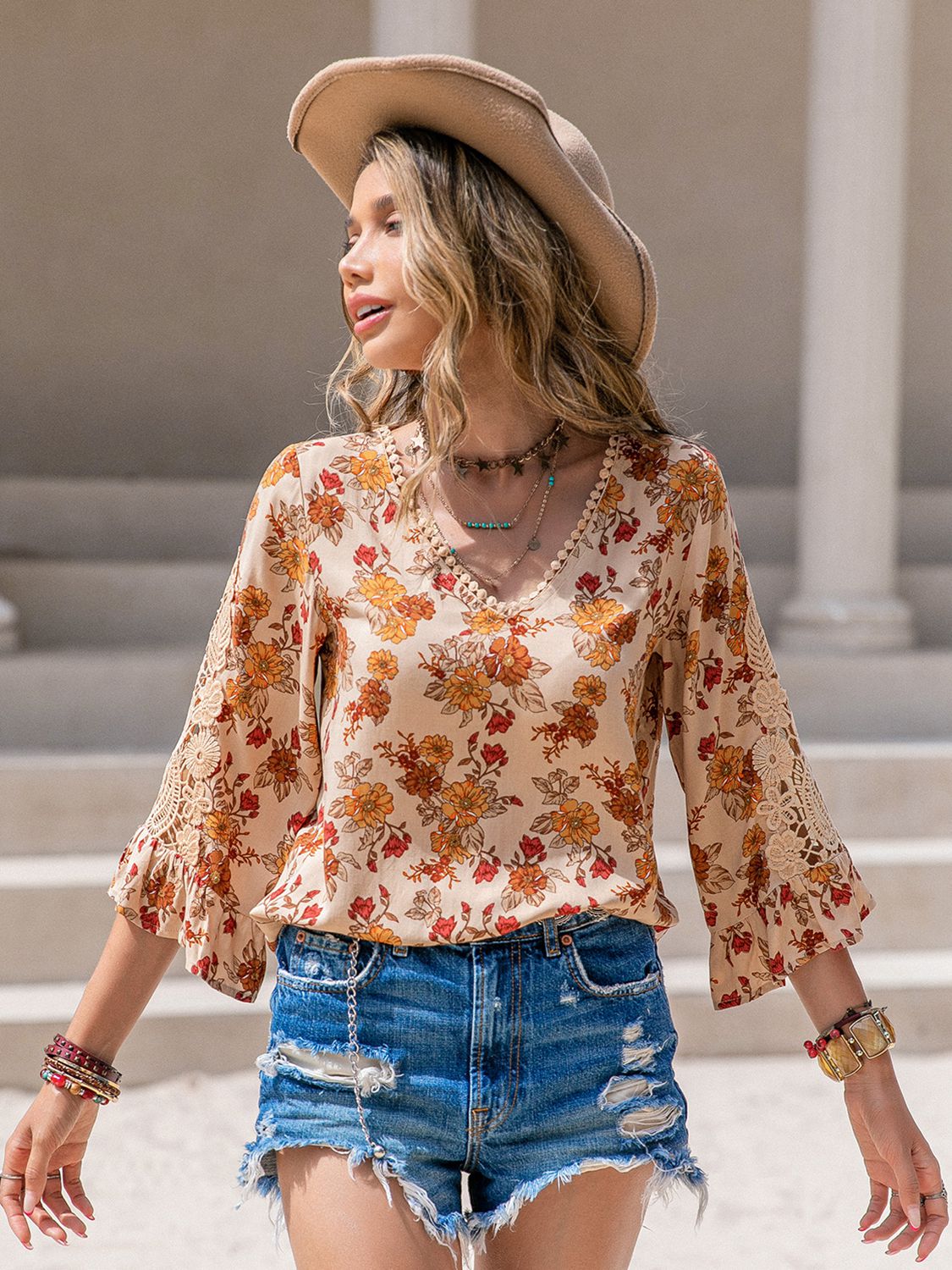 Floral V-Neck Spliced Lace Blouse, view 4