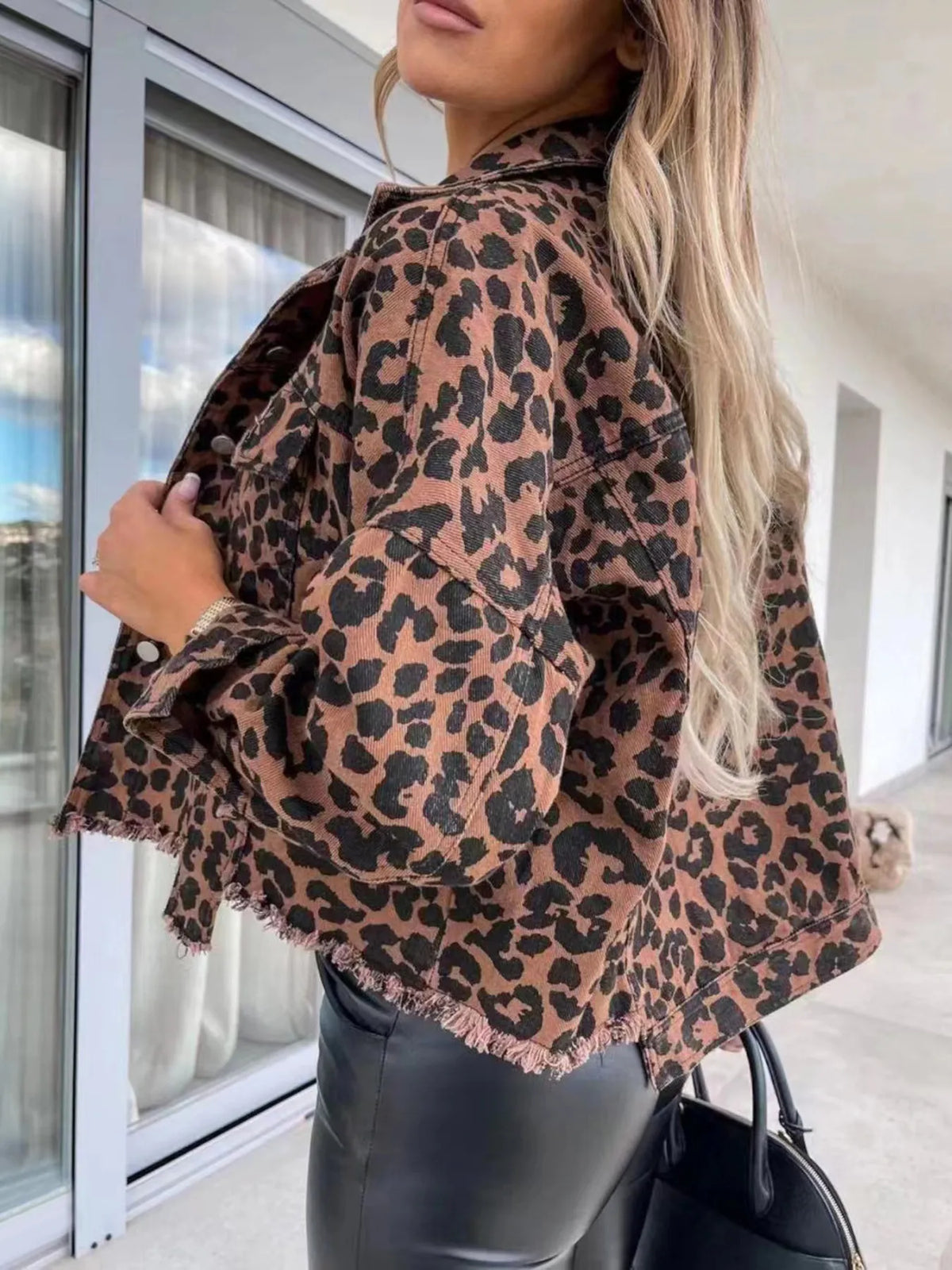 Leopard Print Raw Hem Denim Jacket, view 2