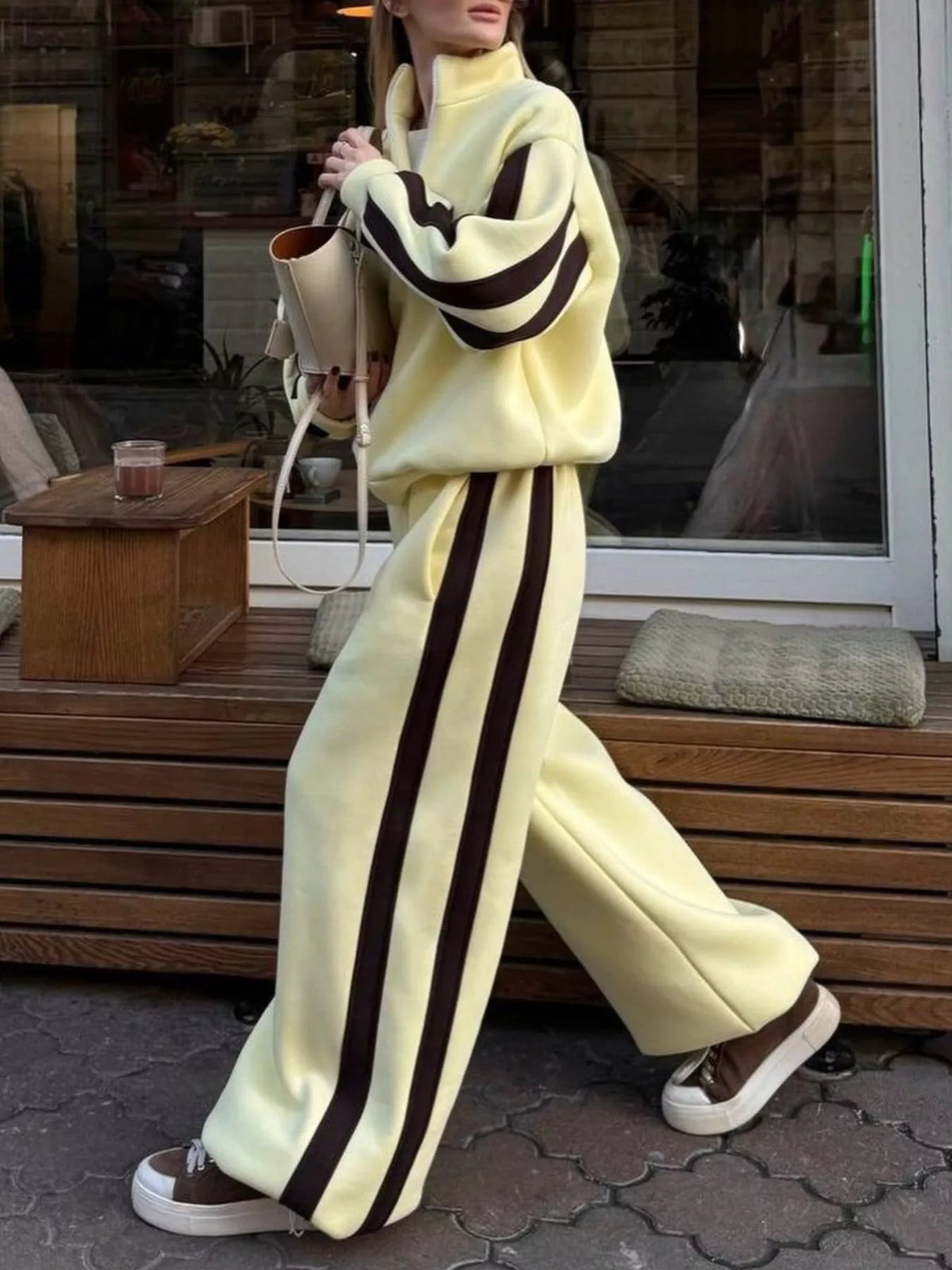 Contrast Striped Zip Up Top and Pants Set - Lilixa.store