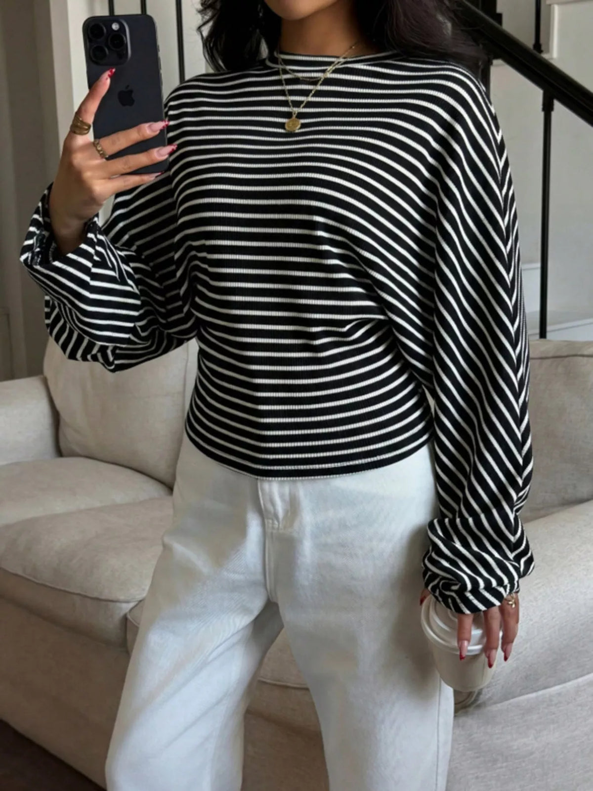 Casual Striped Long Sleeve Batwing T-Shirt, view 3