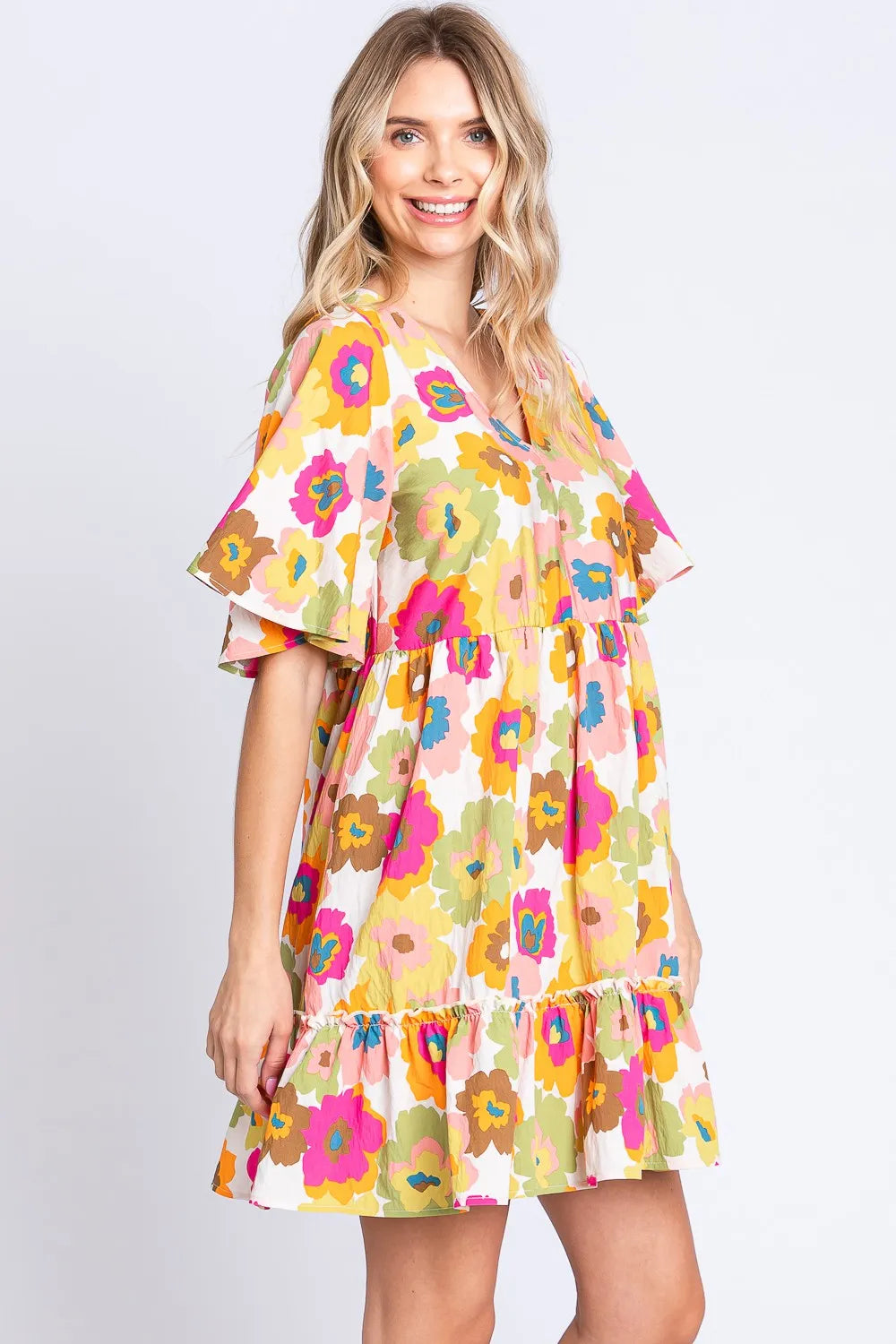 GeeGee Floral V-Neck Ruffle Hem Mini Dress - Lilixa.store