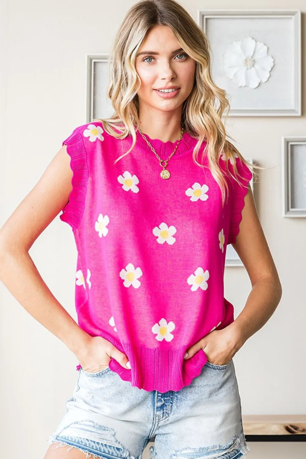 First Love Full Size Flower Pattern Round Neck Sweater Vest - Lilixa.store