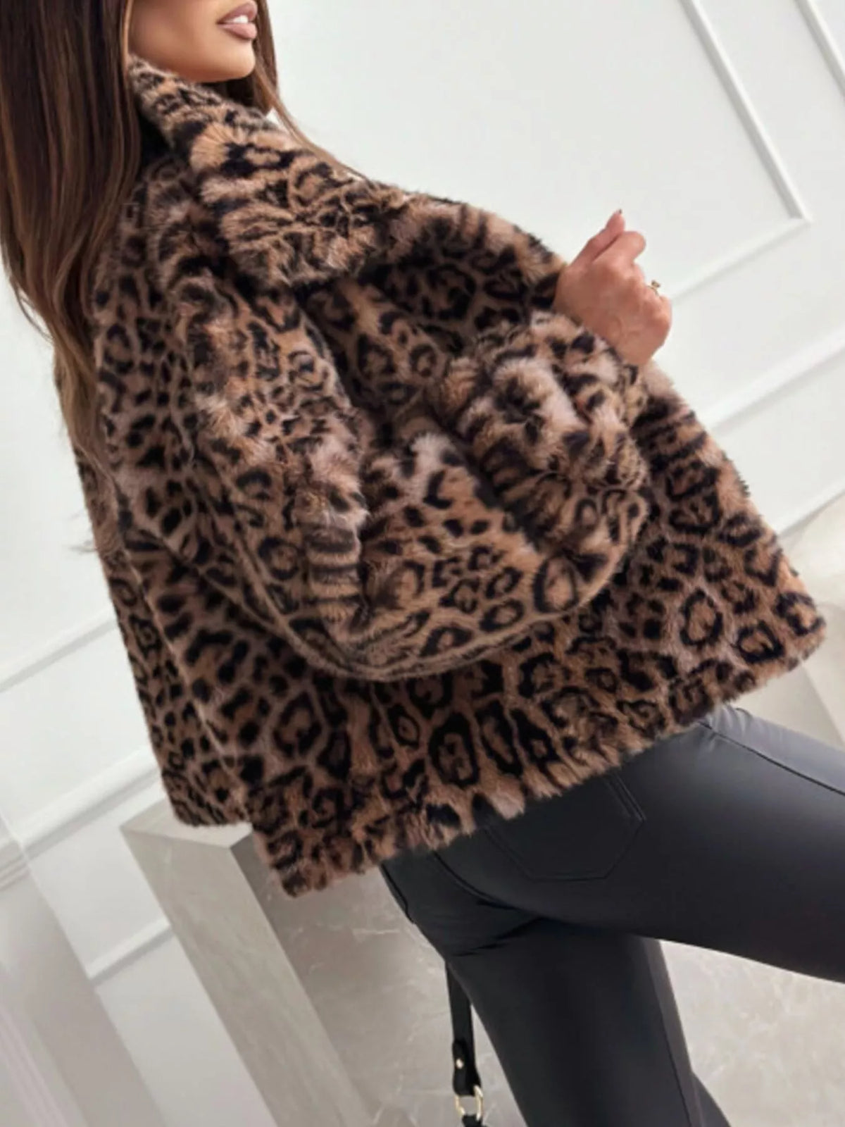 Leopard Faux Fur Cropped Jacket in Leopard Print, view 6