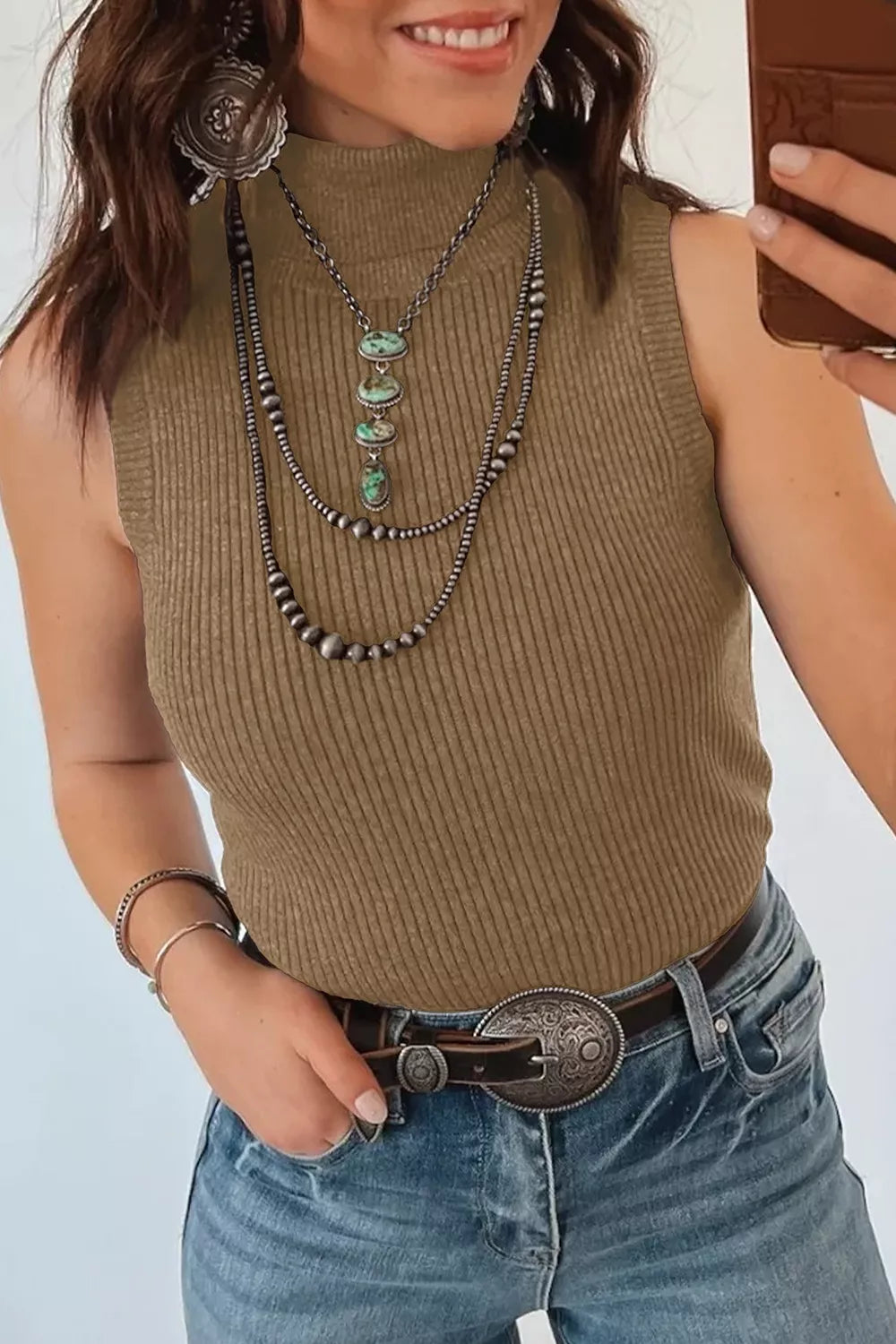 Mock Neck Ribbed Knit Sweater Vest