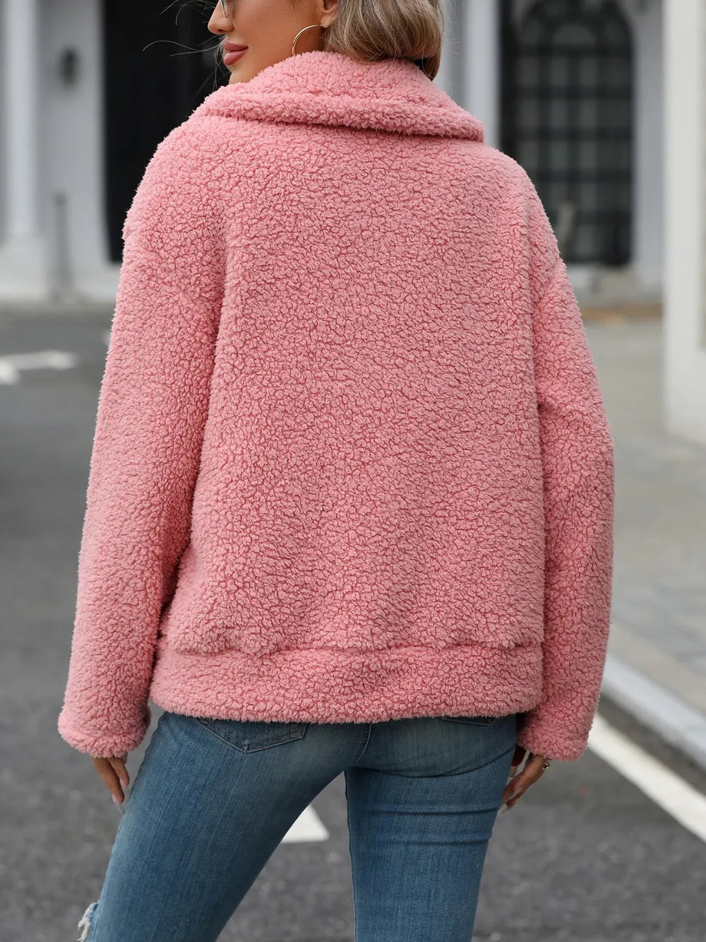 Zip Up Long Sleeve Plush Jacket in Burnt Coral, view 2