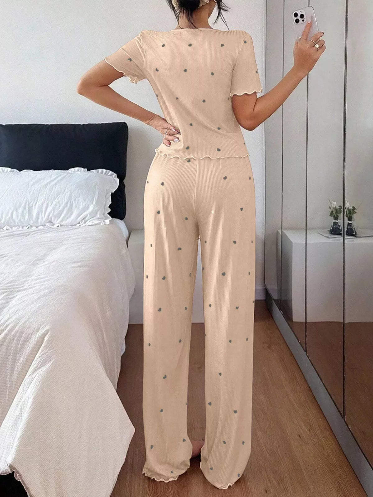 Heart Print Lettuce Trim Top and Pants Loungewear Set - Lilixa.store